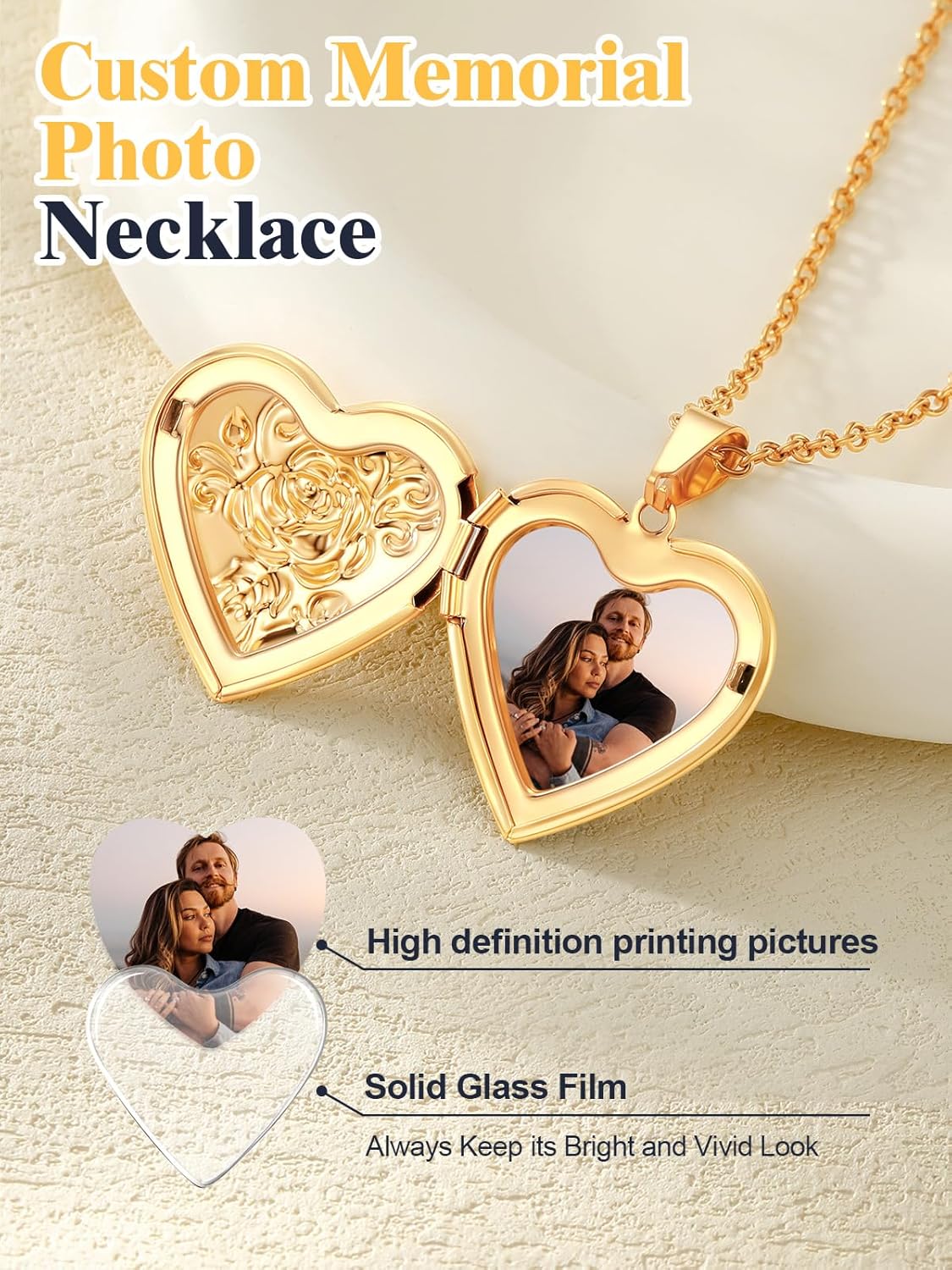 U7 Locket Necklace for Women, Silver/Gold/Rose Gold Custom Photo Text Necklaces, Flower Heart/Round Shape Personalized Picture Pendant Necklace 18 Inch - Image 5