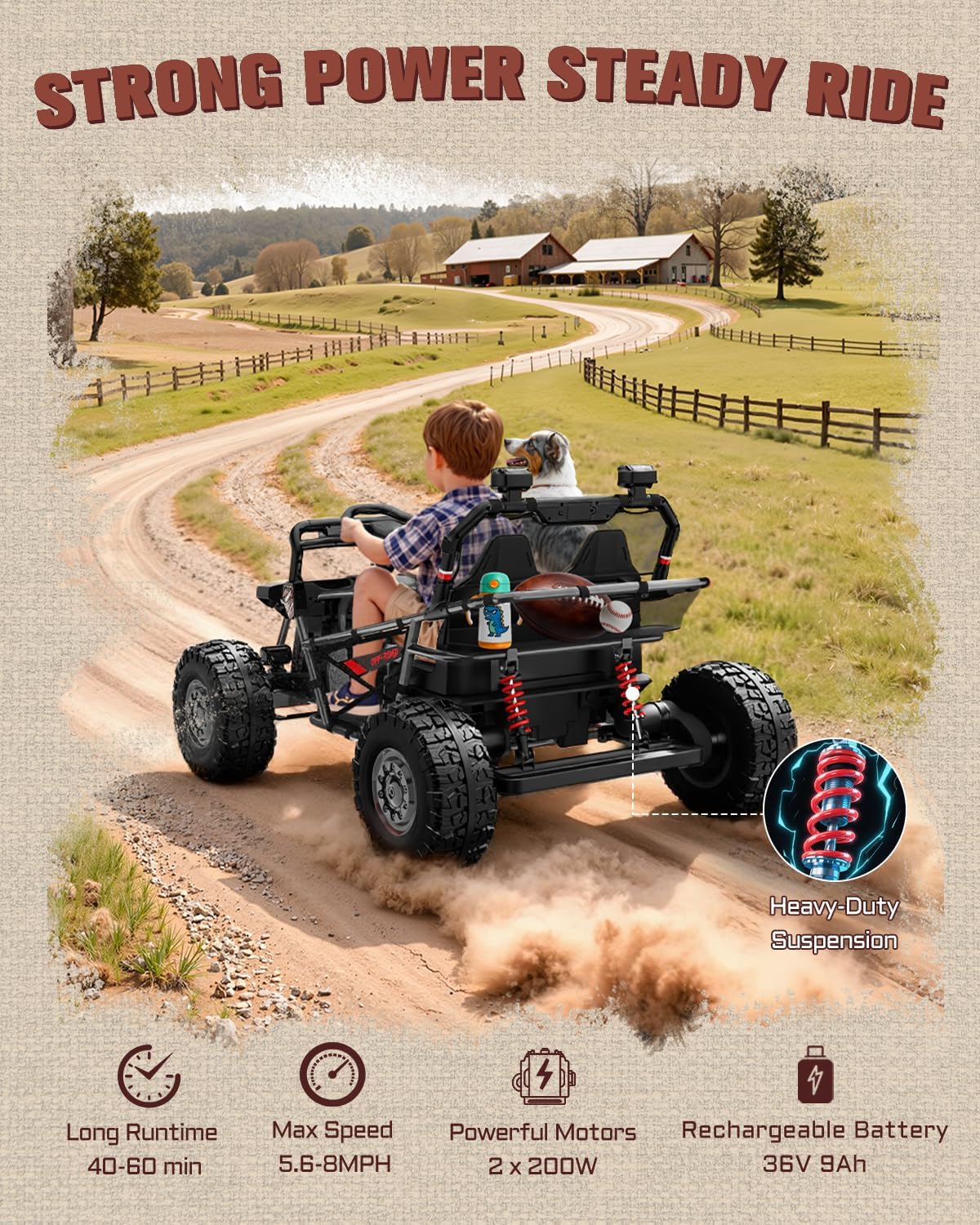 First Ride On 36V Kids Ride On UTV, 2-Seater 400W Electric Car for Kids 6+, 5-8 MPH Speed, 14" EVA Wheels, Metal Frame, Bluetooth Music, Rear Metal Suspension Off-Road Vehicle (Black Camo)