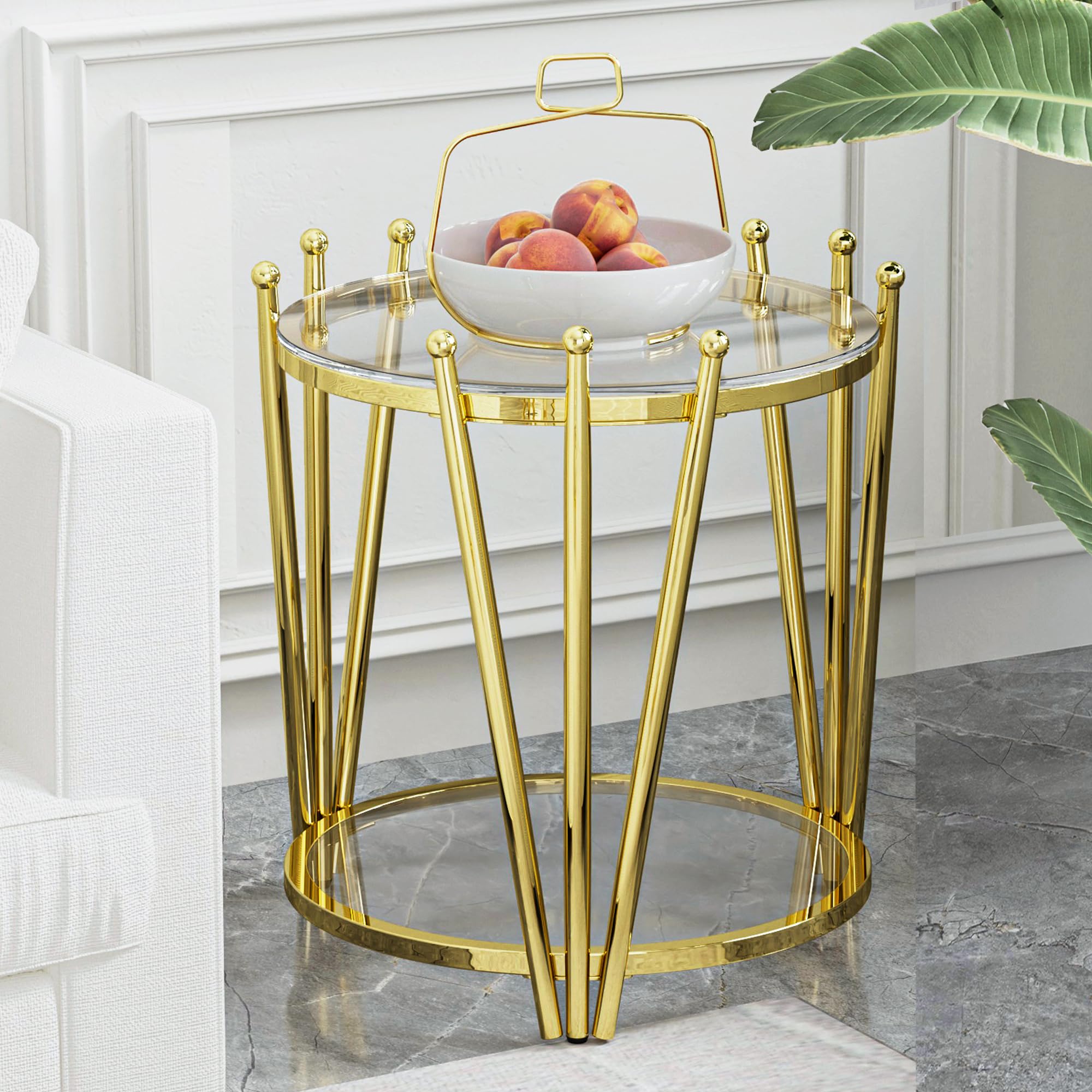 Gold Glas Beistelltisch Rund 50.0 cm Sofa Beistelltisch für Wohnzimmer Modern Luxus Krone Design Edelstahl Bein Transparent Gehärtetes Glas Kleiner Couchtisch Klar Küche, Haushalt & Wohnen