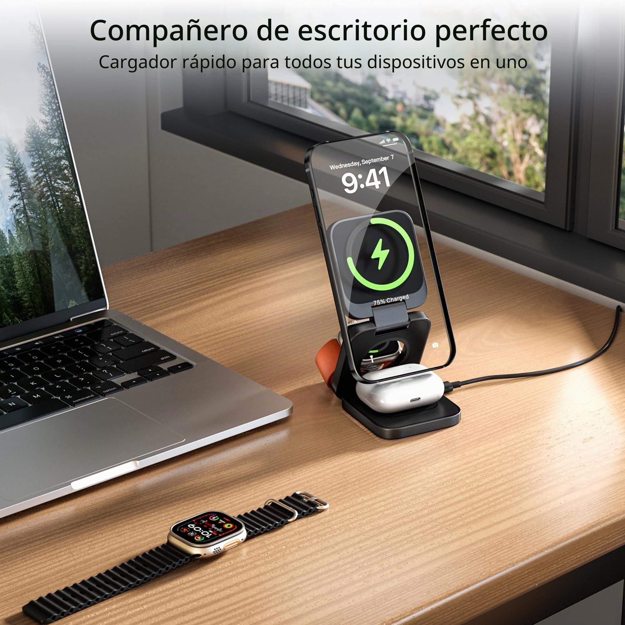 Cargador inalámbrico magnético de aleación de Aluminio Plegable para Apple, estación de Carga inalámbrica rápida de Tres en uno para iPhone,Asiento de Carga de Viaje 5W para Apple Watch Ultra AirPods