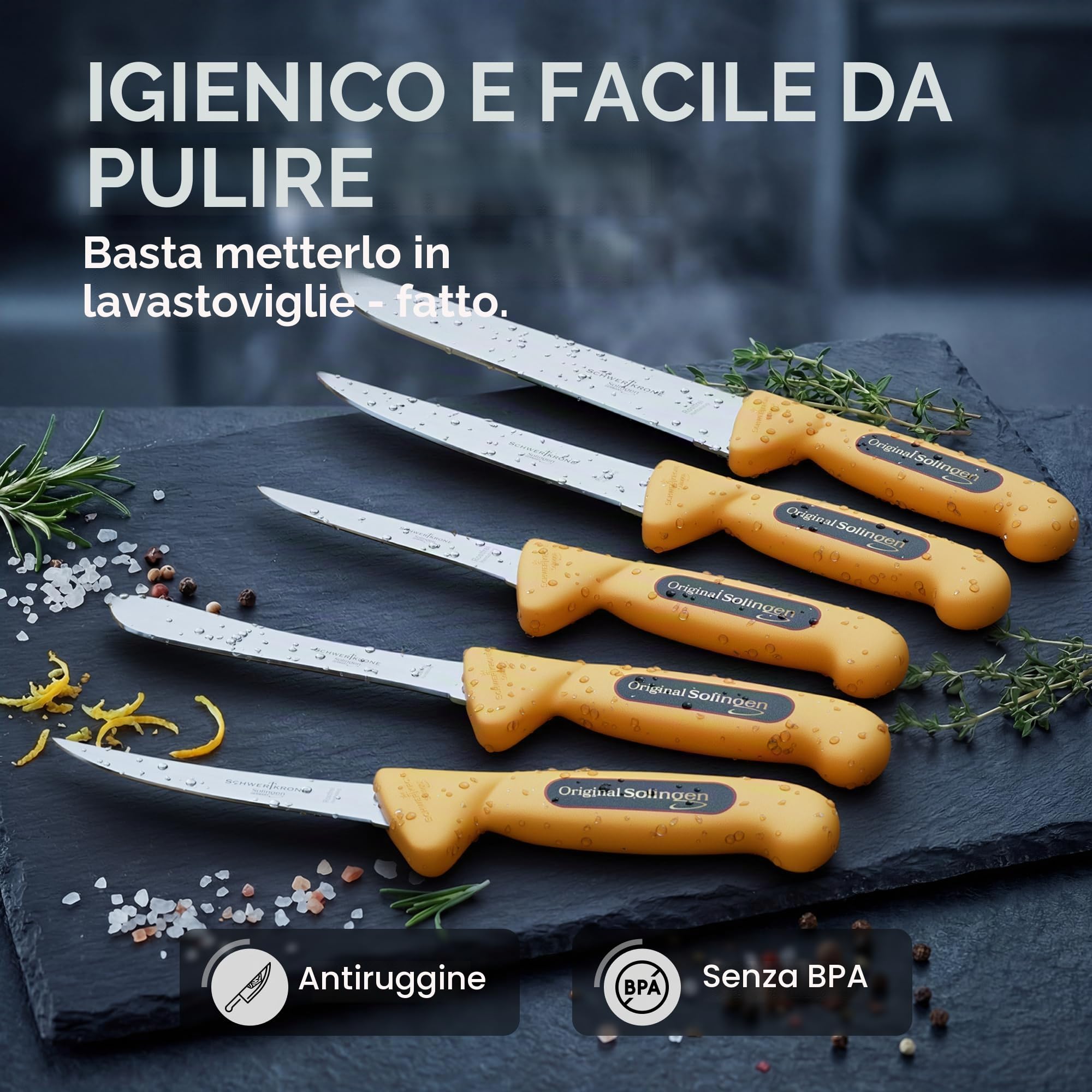 Schwertkrone Set di coltelli da macellaio Made in Germany Solingen Set di coltelli professionali da 6 pezzi, coltello da macellaio, coltello da disosso, coltello da macello, coltello da cuoco