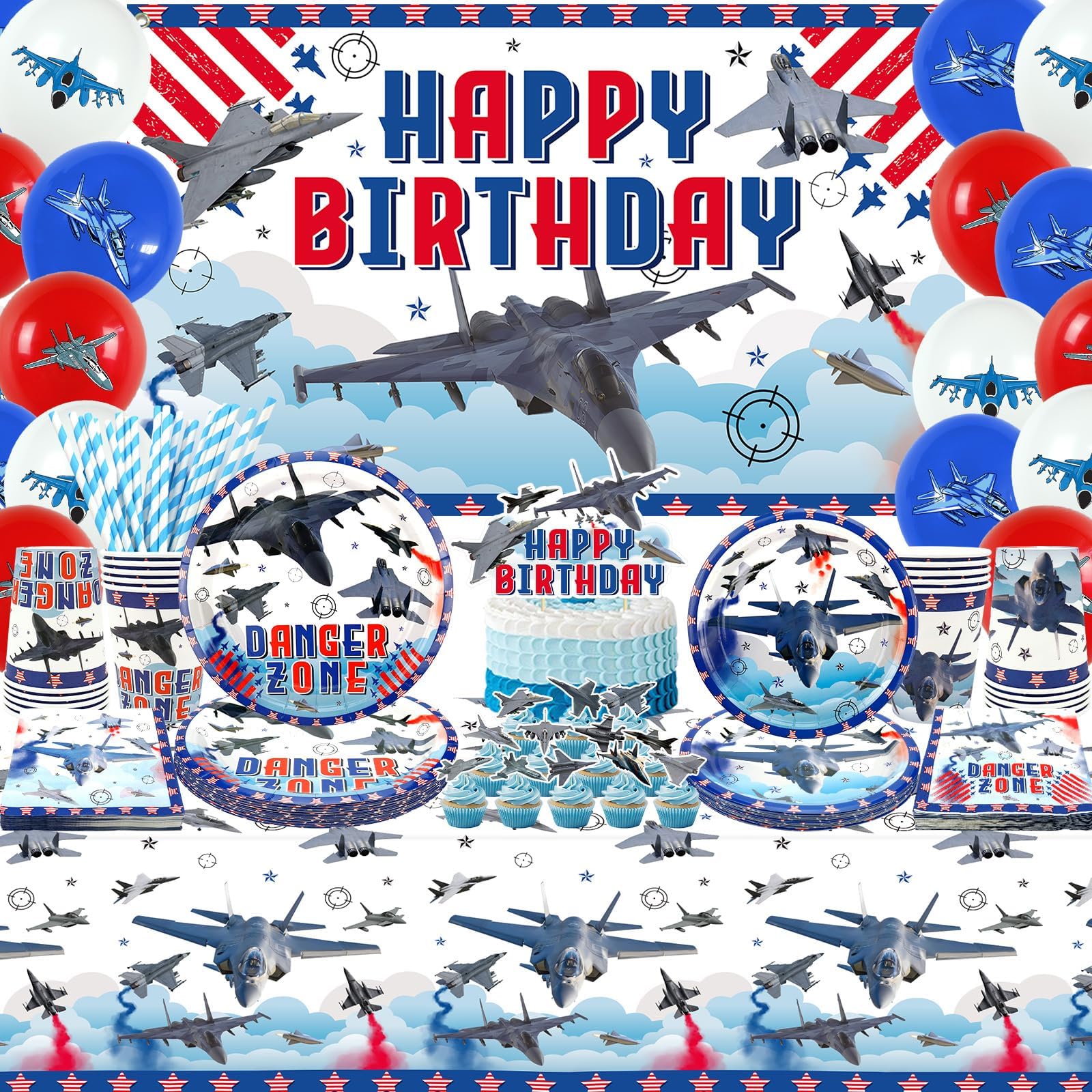 Fighter Jet Birthday Party Decorations, Airplane Party Decorations Include Aircraft Backdrop, Cake Toppers, Tableware, Tablecloth and Balloons for Air Force Party Decorations, Serves 20