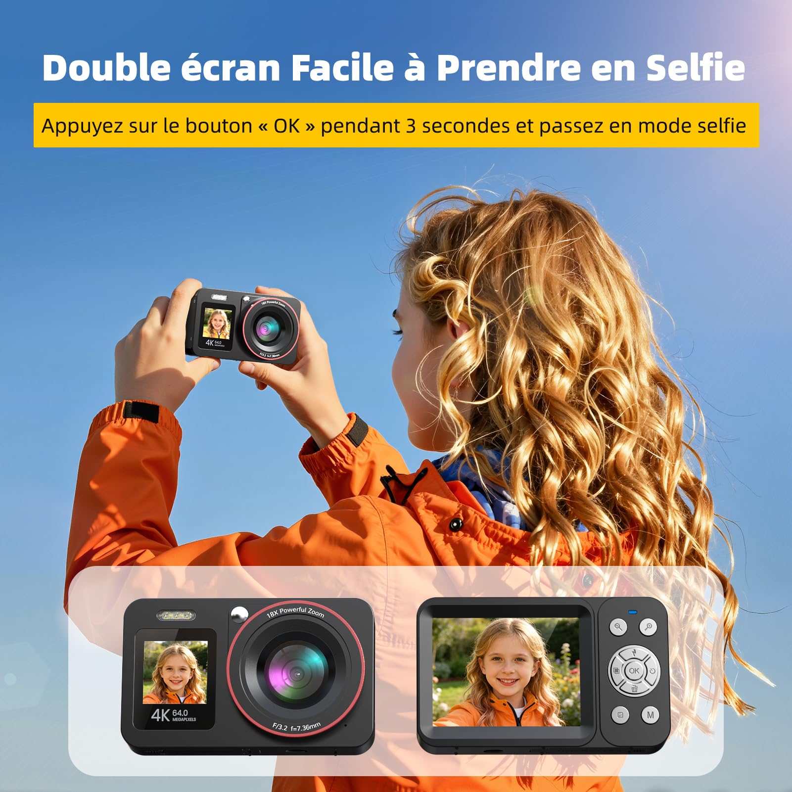 Appareil Photo Numérique 4K 64MP Digital Camera 18X Zoom Numérique Appareil Photo Compact Portable avec 2 Écran, 2 Batteries Carte SD de 64 GB pour Étudiant Débutant Cadeau, Noir