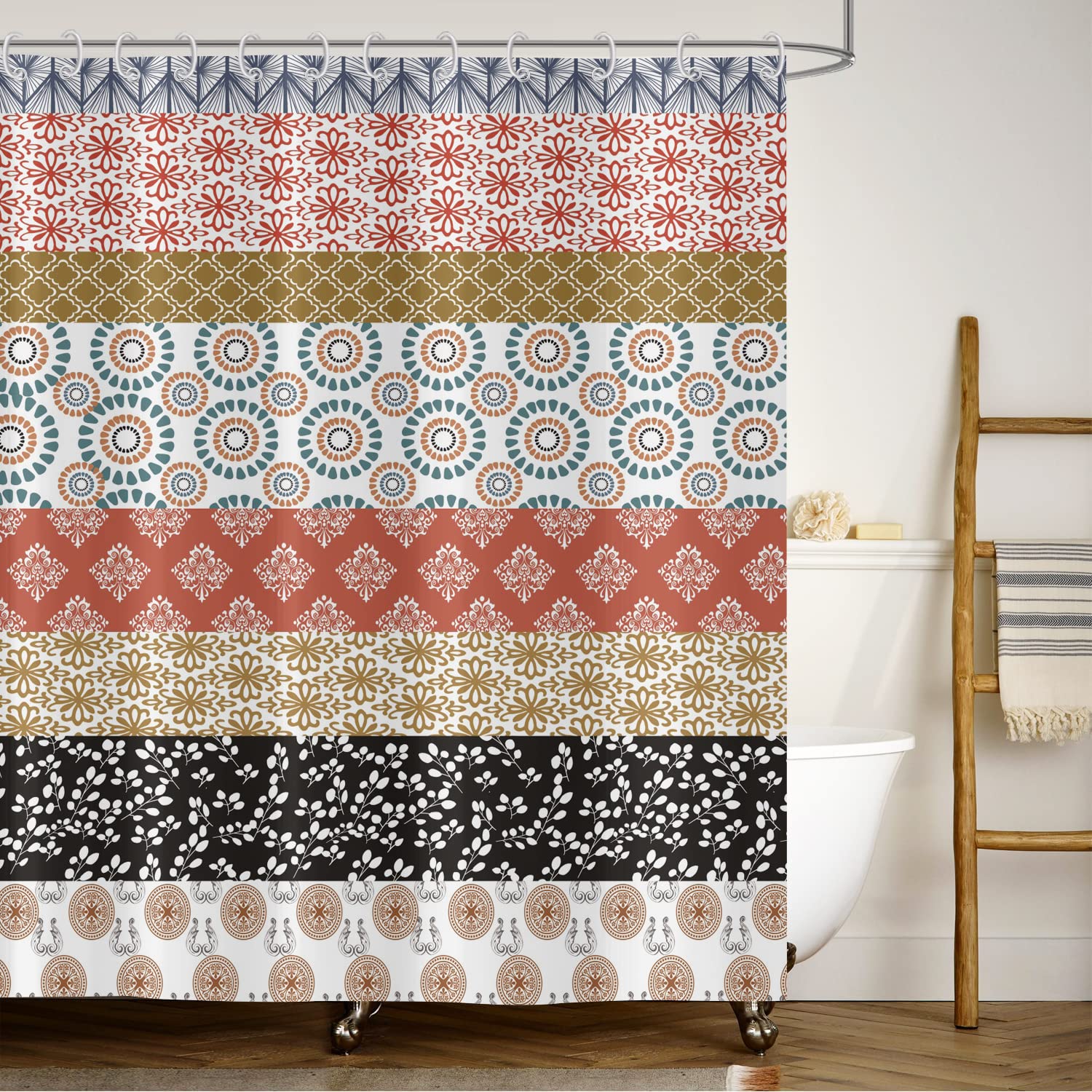 ASDCXZ Boho Shower Curtain 180 x 180 cm, Modern Geometry Black Red Brown Stripes Pattern Bathroom Shower Curtains Washable Textile Waterproof Shower Curtain for Bathtub with 12 Hooks โ image 1