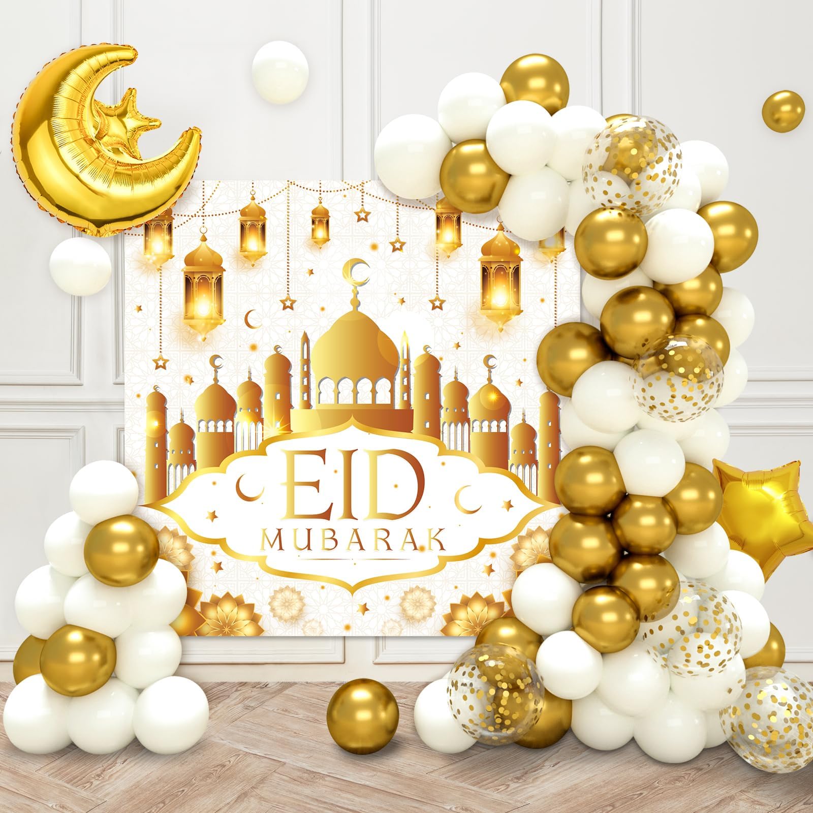 Eid Mubarak Decorations for Home - 70pcs Ramadan Decorations include White Gold Star Moon Balloons and Eid Mubarak Banner for Ramadan Decor