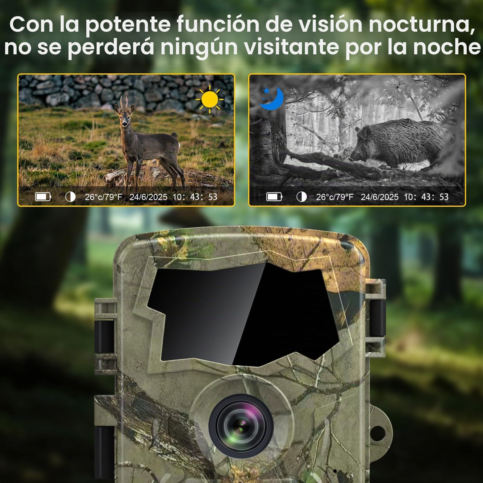 Lutranstra Cámara de Caza 5K WiFi, cámara de Vida Silvestre Full HD de 64MP con aplicación de transmisión a móvil, cámara de Infrarrojos para Animales Salvajes con Tarjeta SD de 32G y baterías 8*AA