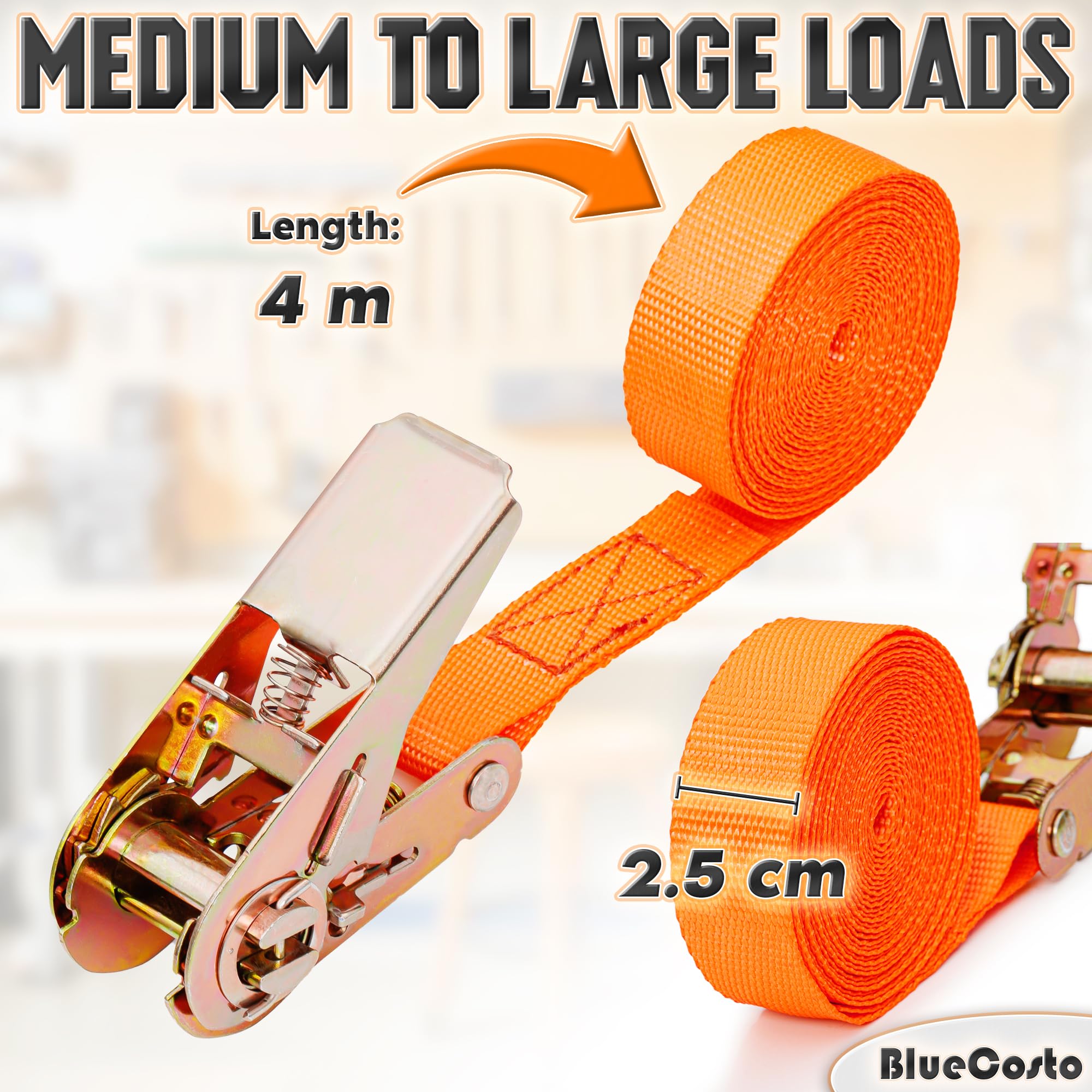 Premium Ratchet Straps - 4 Pack, Orange - 4 Meters Racheting Lashing Straps - Heavy-Duty 400 lb Load Capacity, 1200 lb Break Strength