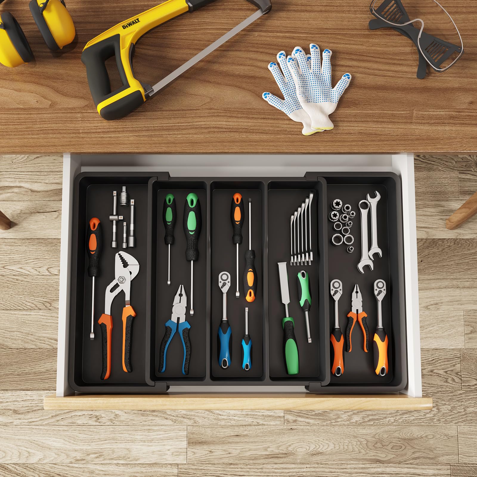 Lifewit Organizador de Cajones de Utensilios, Organizador Cubiertos Expandible para Cocina, Soporte de Cubiertos Ajustable para Cajon, Profundidad de 38 cm, Ampliable a 57 cm, Lote 1, Negro