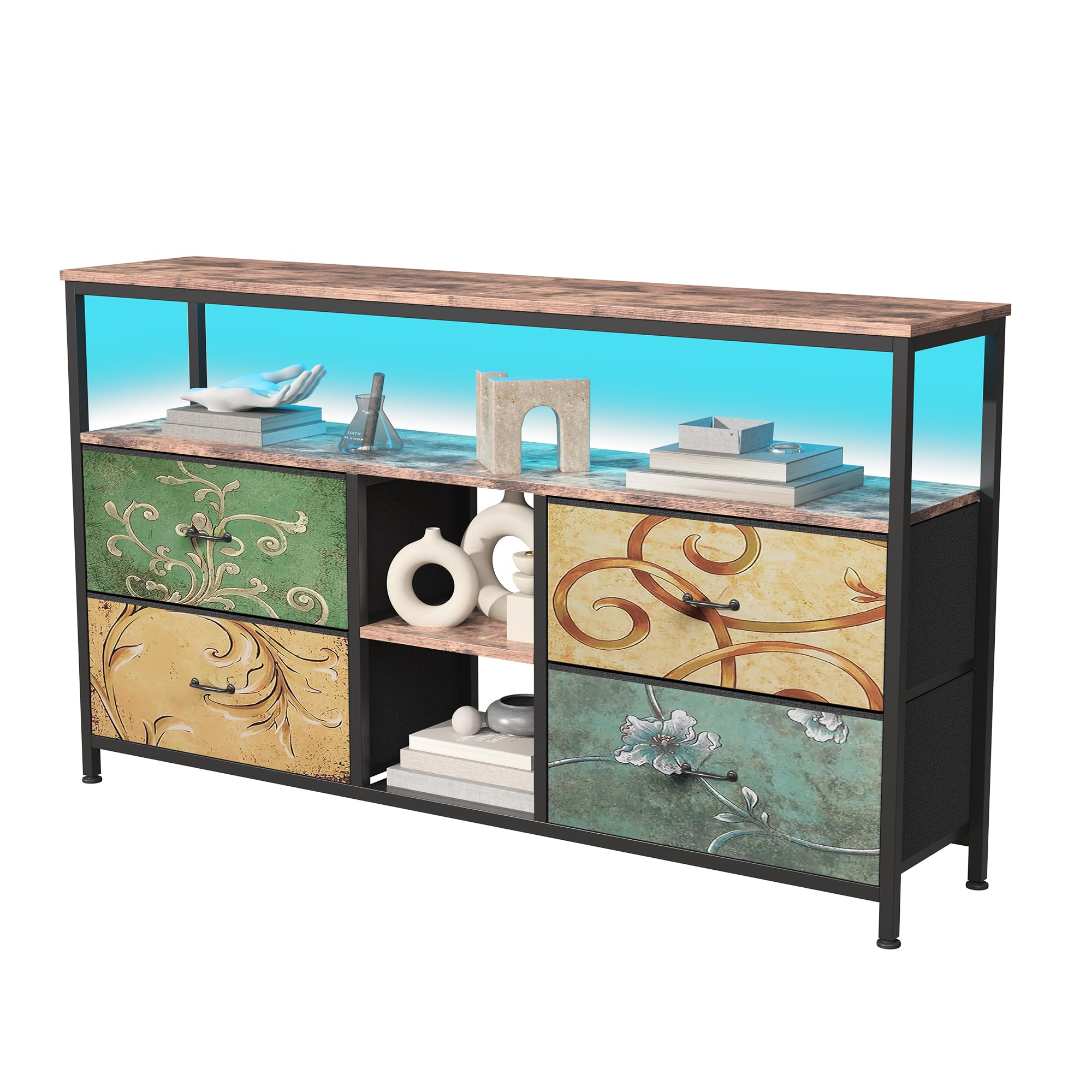 Mueble TVs de 108 cm con Luces LED,108 x 29,8 x 76,8 cm Mueble de TV Industrial con 4 Cajones,Muebles de Dormitorio,Armario de TV con LED para Dormitorio, Comedor, Salón