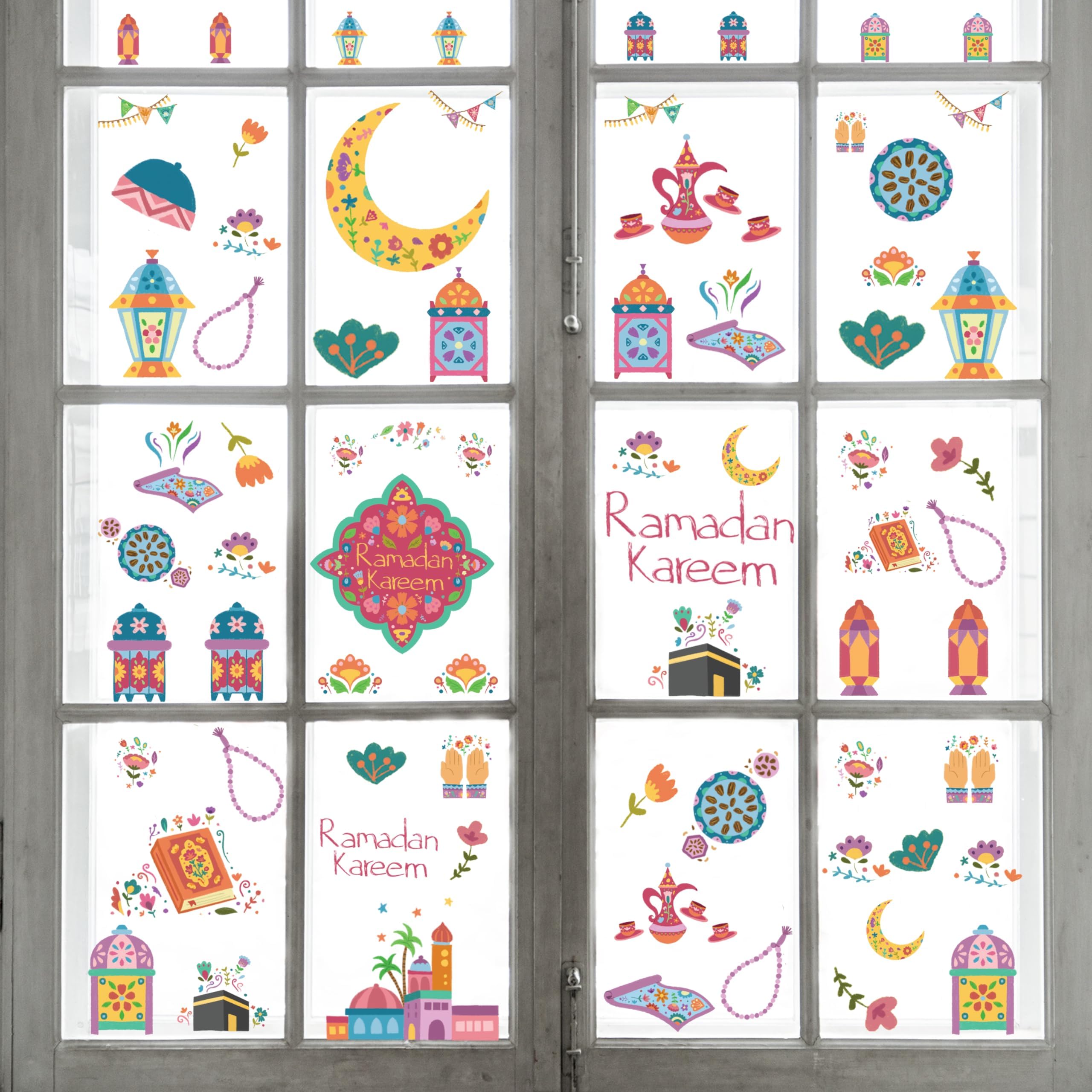 Happy Journey Gardens of Faith Eid Decoration 80 Pieces Window Clings Decorations- Floral Themed Ramadan and Eid Stickers and Ramadan Mubarak and Eid Mubarak Decor - Eid Goody Bag Window Decals