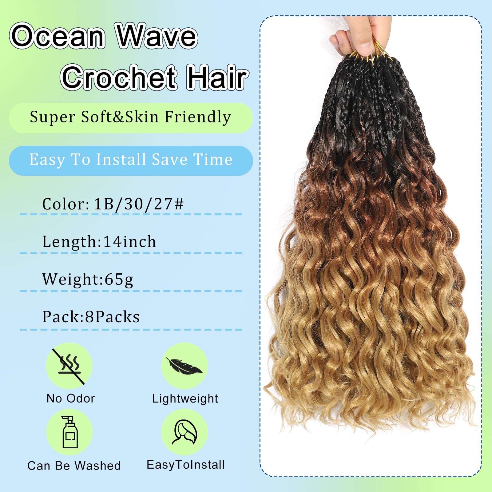 FLWAI Pre Looped Ocean Wave Crochet Hair 14 Inch 8 Packs Boho Style Hair Extensions Short Curly Crochet Hair Pre Twisted Synthetic Deep Wavy Curly Braiding Hair for Women (1B/30/27) - Image 2