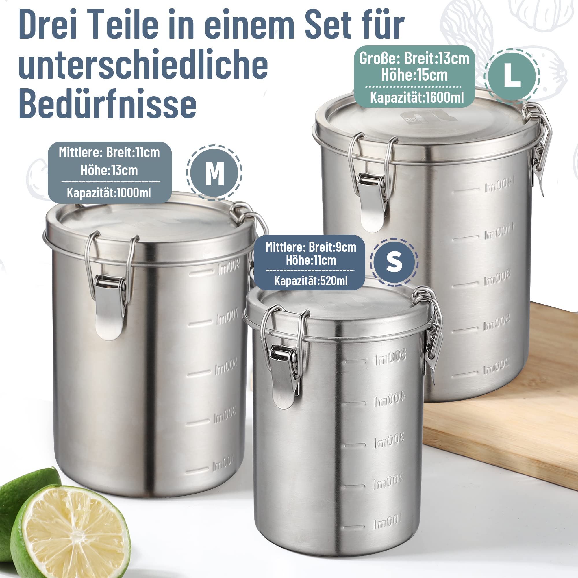 nicelock Vorratsdosen Edelstahl 3 Stück, Vorratsdosen Mit Deckel, Kaffeedose Luftdicht, Frischhaltedosen, Leichtes und Hygienisches Material - 500ml, 1000ml & 1600ml