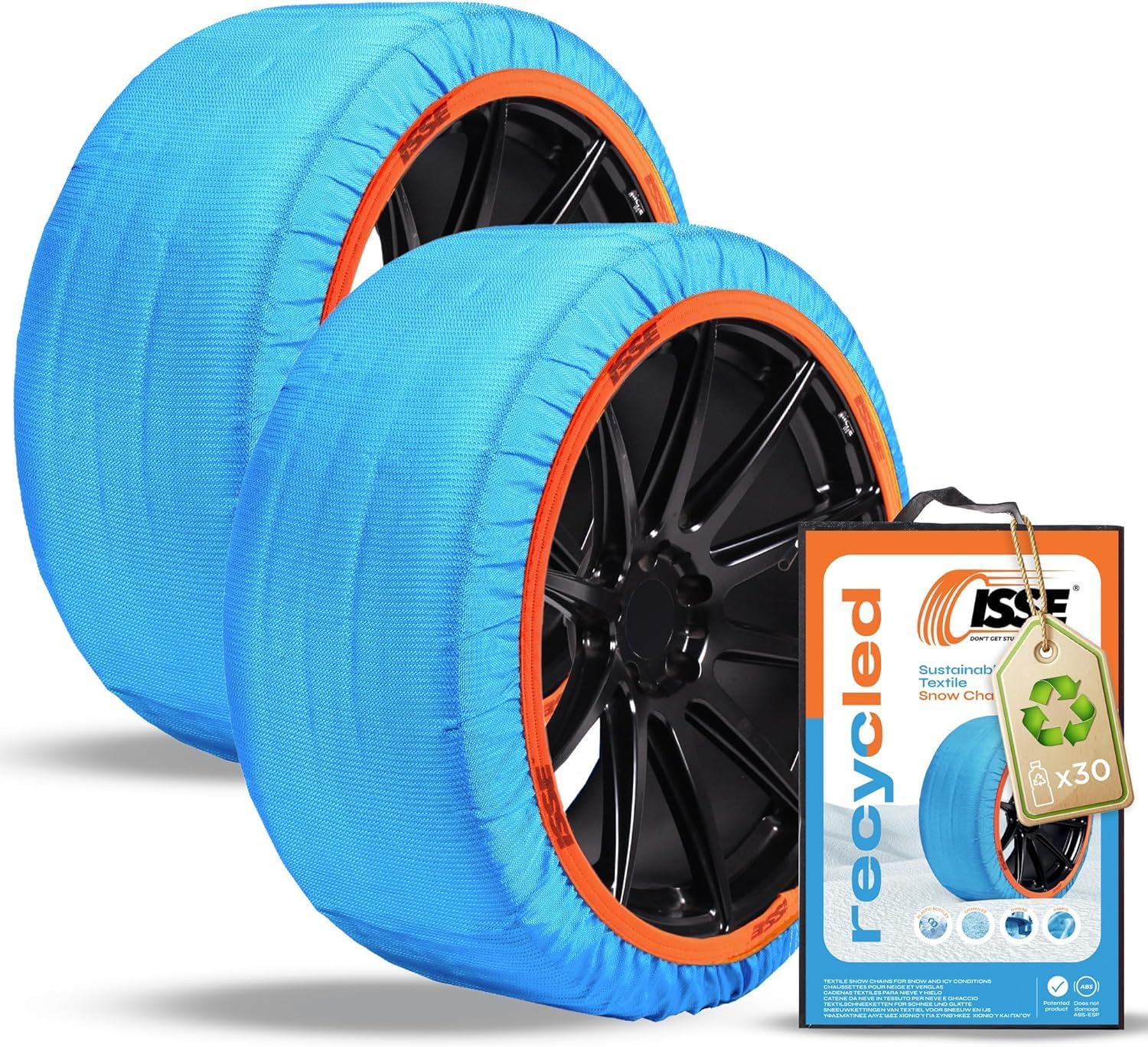 ISSE Recycled Snow Chains for Cars T-54 | Recycled Fabric Snow Chains -Approved Italy EN 16662-1- Everyday Car Chains for Snow and Ice - Kit of 2 Chains