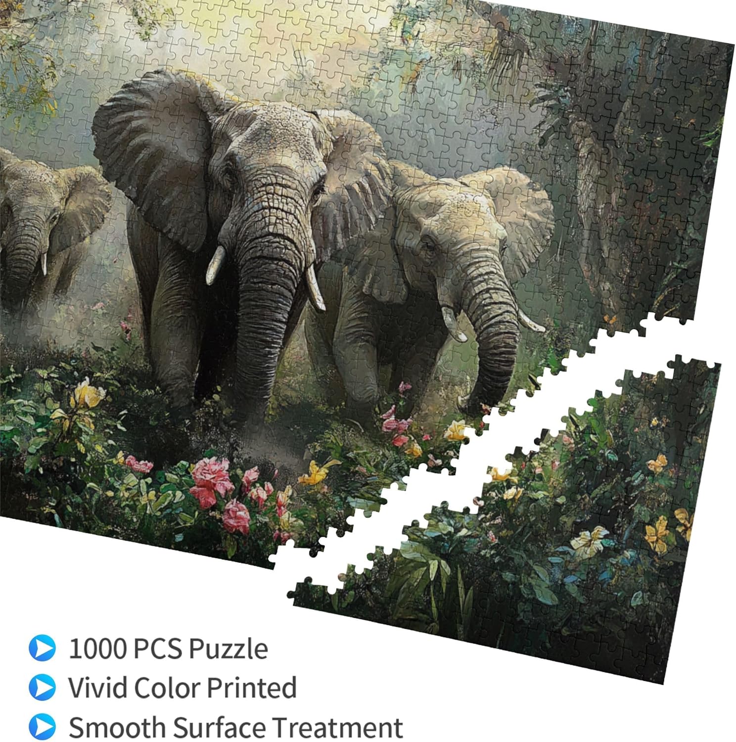 Jungle and Elephants Jigsaw Puzzle 1000 Pcs, Ideal for Game Night, Oil Painting Animal Wooden Jigsaw Puzzle, 1000 Piece Puzzle for Adults, Challenging Charm Puzzle for Game Night