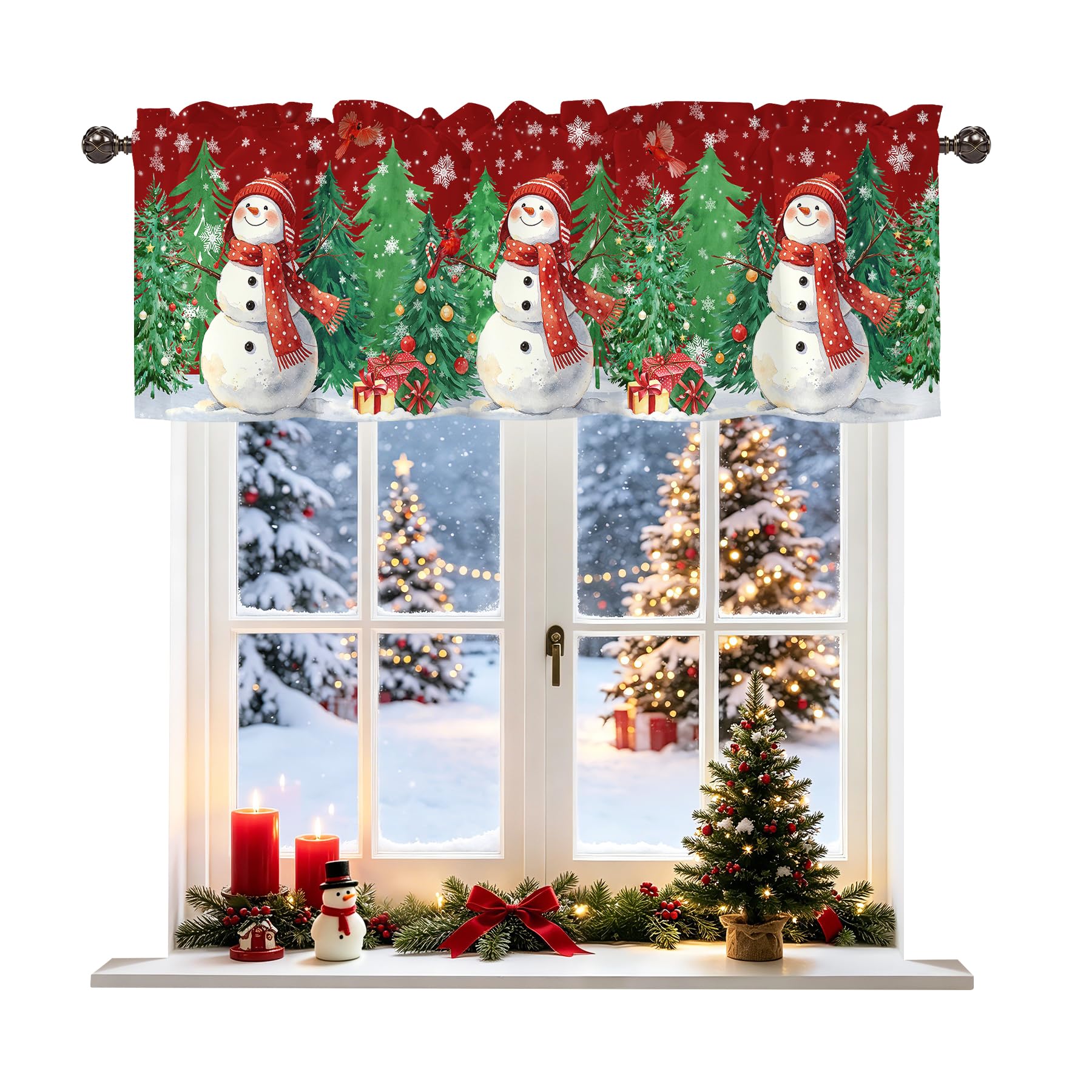 Christmas Snowman Xmas Tree Valance for Windows, Rod Pocket Short Curtain Topper for Kitchen Bathroom Laundry Basement, 42W x 12L Inch