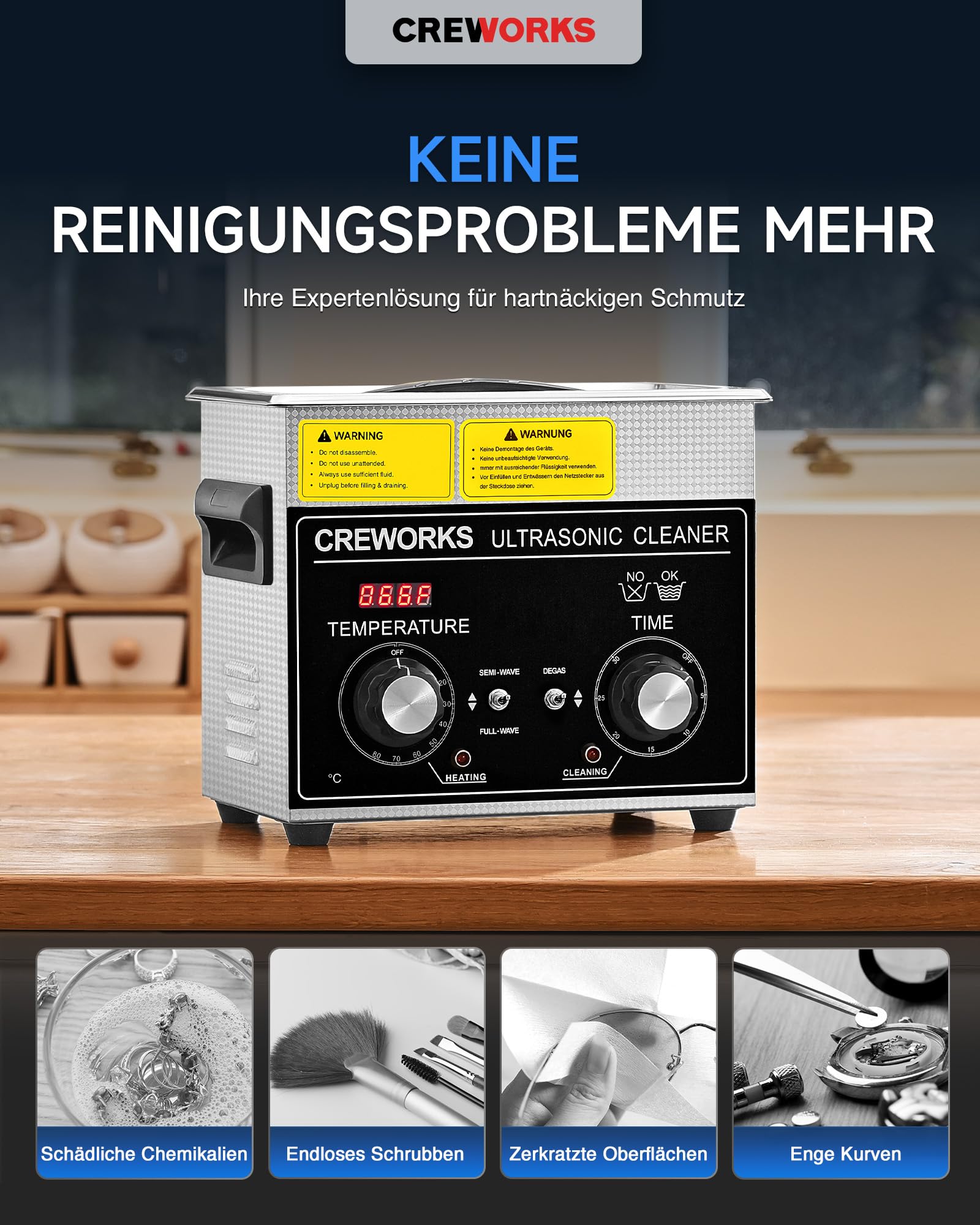 CREWORKS Ultraschallreinigungsgerät Edelstahl 3,2L Ultraschallreiniger 120W mit Heizung Timer Degas & Soft-Modus für Zahnprothesen Schmuck Brillen Uhren Gläser Ultraschall-Reinigungsgerät mit Knöpfen