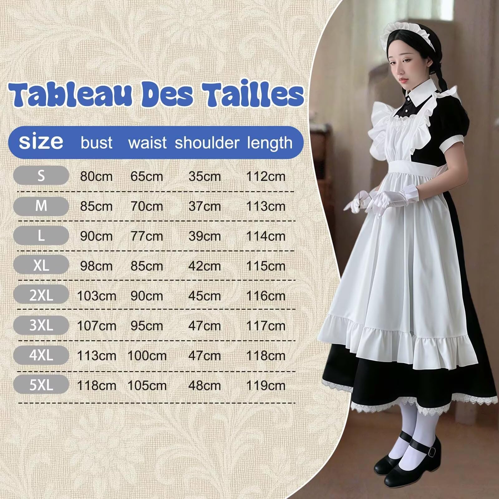 Maid Dress Cospaly Long Sleeve French Maid Costume Anime French Maid Dress Lungo Cameriera Costume con Grembiuli Copricapo per Halloween Carnevale Cosplay