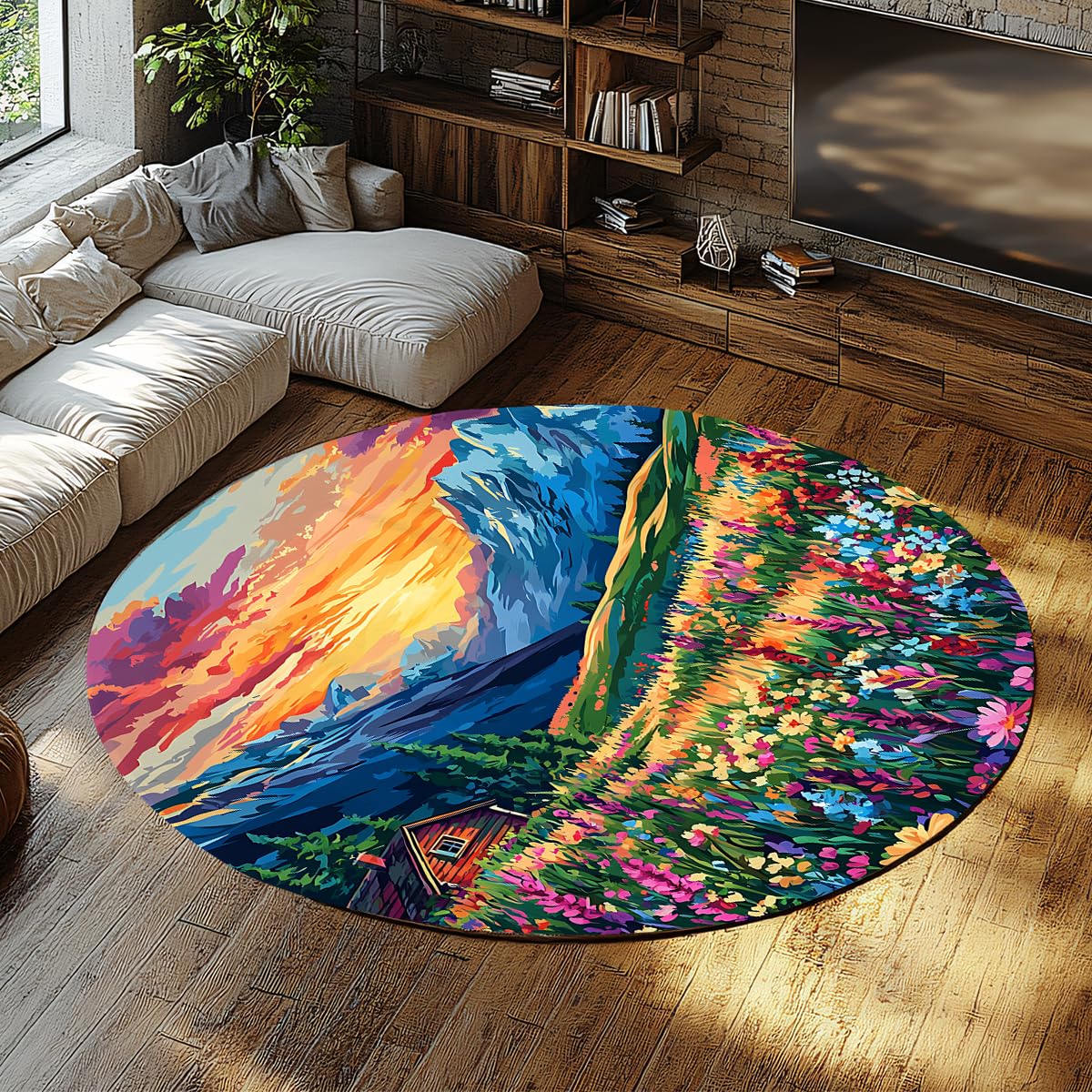 Tapis rond fleurs sauvages 240cm au design raffiné de coucher de soleil pour intérieur