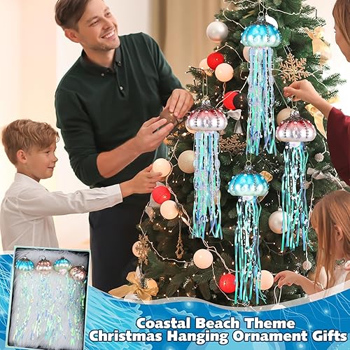 Miniatura 6 de 4 adornos para árbol de Navidad de medusas de cristal, perlas de cristal, adornos colgantes de temática costera de playa, decoración de Navidad