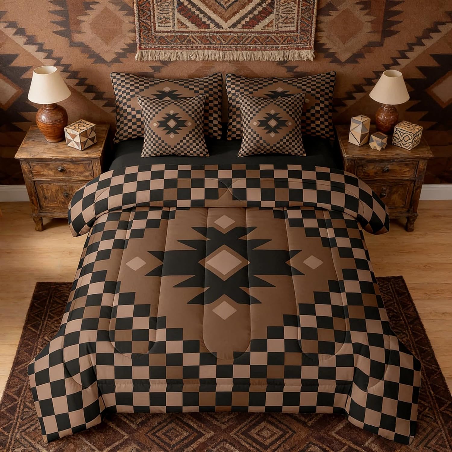 Feelyou Aztec Comforter Set with Sheets 7 Piece Queen Size Brown Black Checkered Bedding Set for Kids Boys Girls Boho Western Decor Bed in a Bag Farmhouse Room Decor Soft Lightweight Microfiber