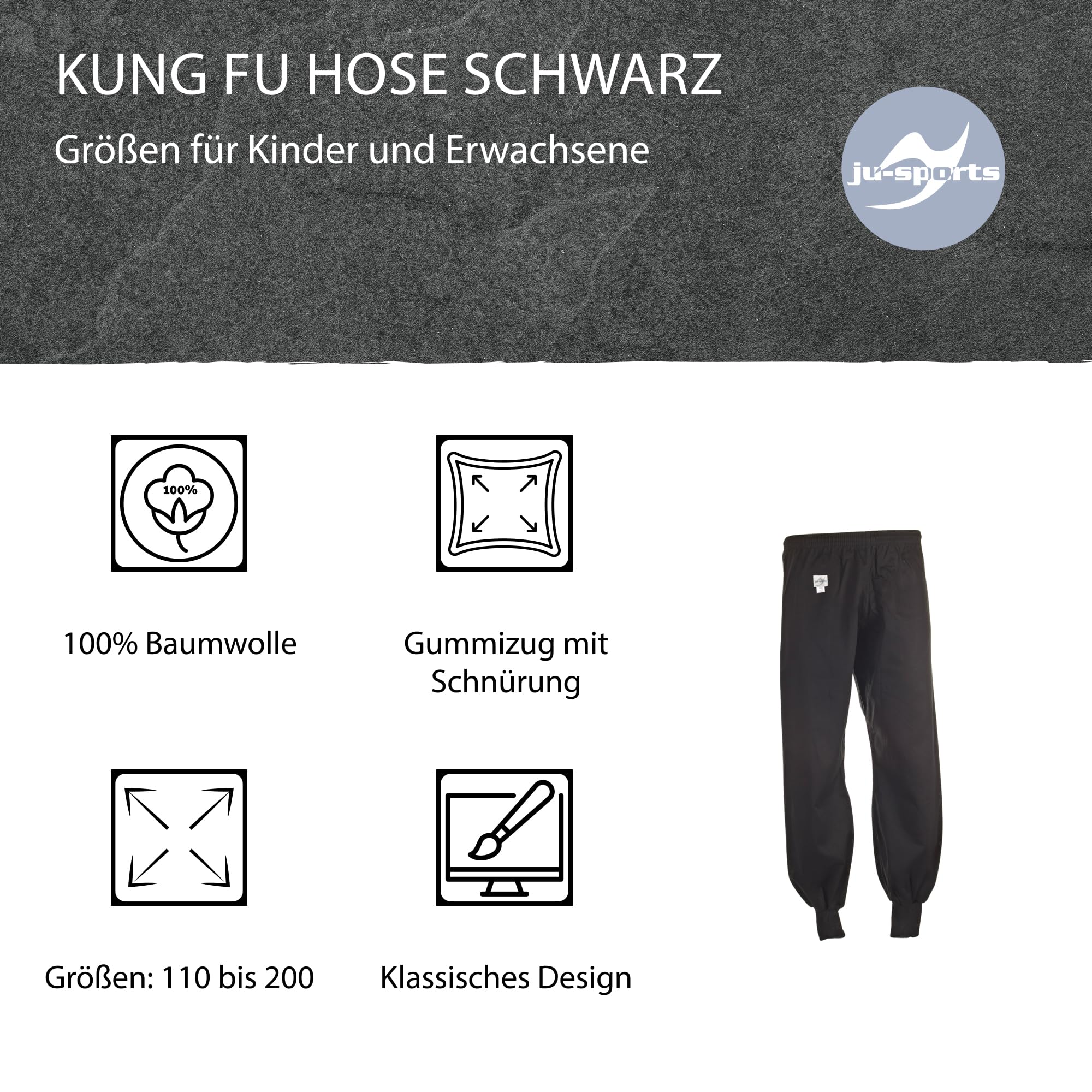 Ju-Sports Kung Fu Hose Herren & Damen schwarz - Leichte Hose mit Gummizug mit Zusatzschnürung, 100% Baumwolle, Mit klassischem Kung Fu Bündchen