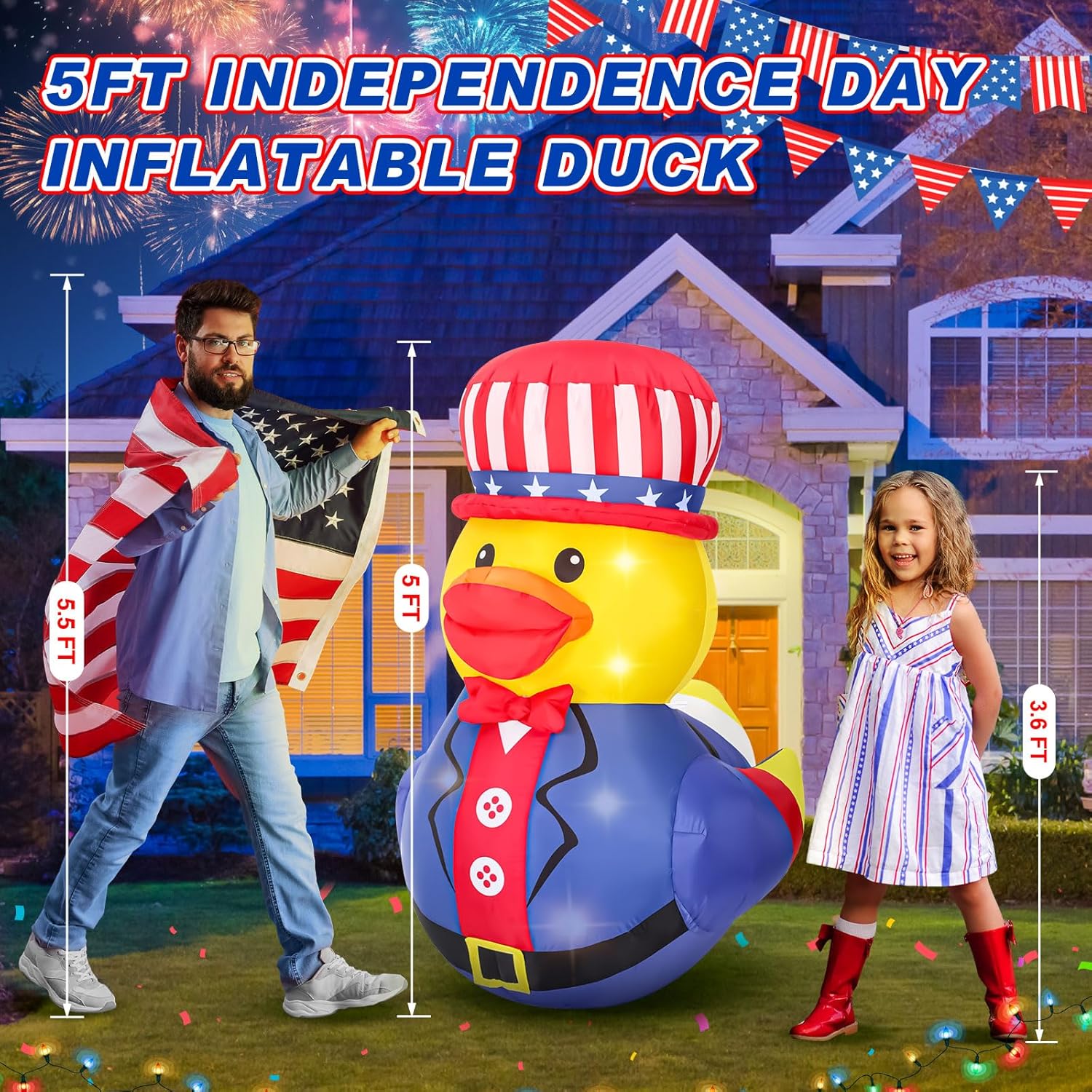 Leyndo 5 ft Patriotic Inflatable Duck 250th Anniversary 4th of July Inflatables Duck Outdoor Decoration for Independence Day Memorial Day Lighted Blow up 4th of July Decor for Parade Yard Lawn(1 Set)