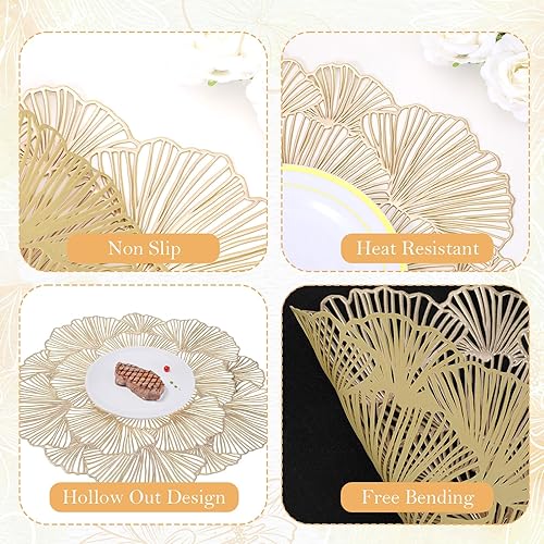 Miniatura 3 de Juego de 6 manteles individuales redondos de flores doradas, manteles individuales metálicos de vinilo prensado de 15 pulgadas, resistentes al