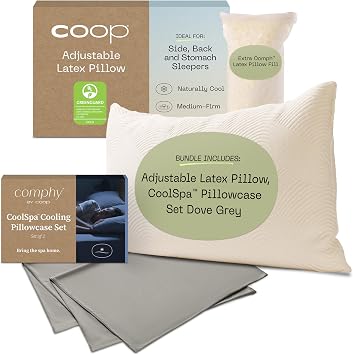 Coop Sleep Goods وسادة اللاتكس القابلة للتعديل & Cool + Cooling Pillowcase Set Dove Grey Queen Bundle