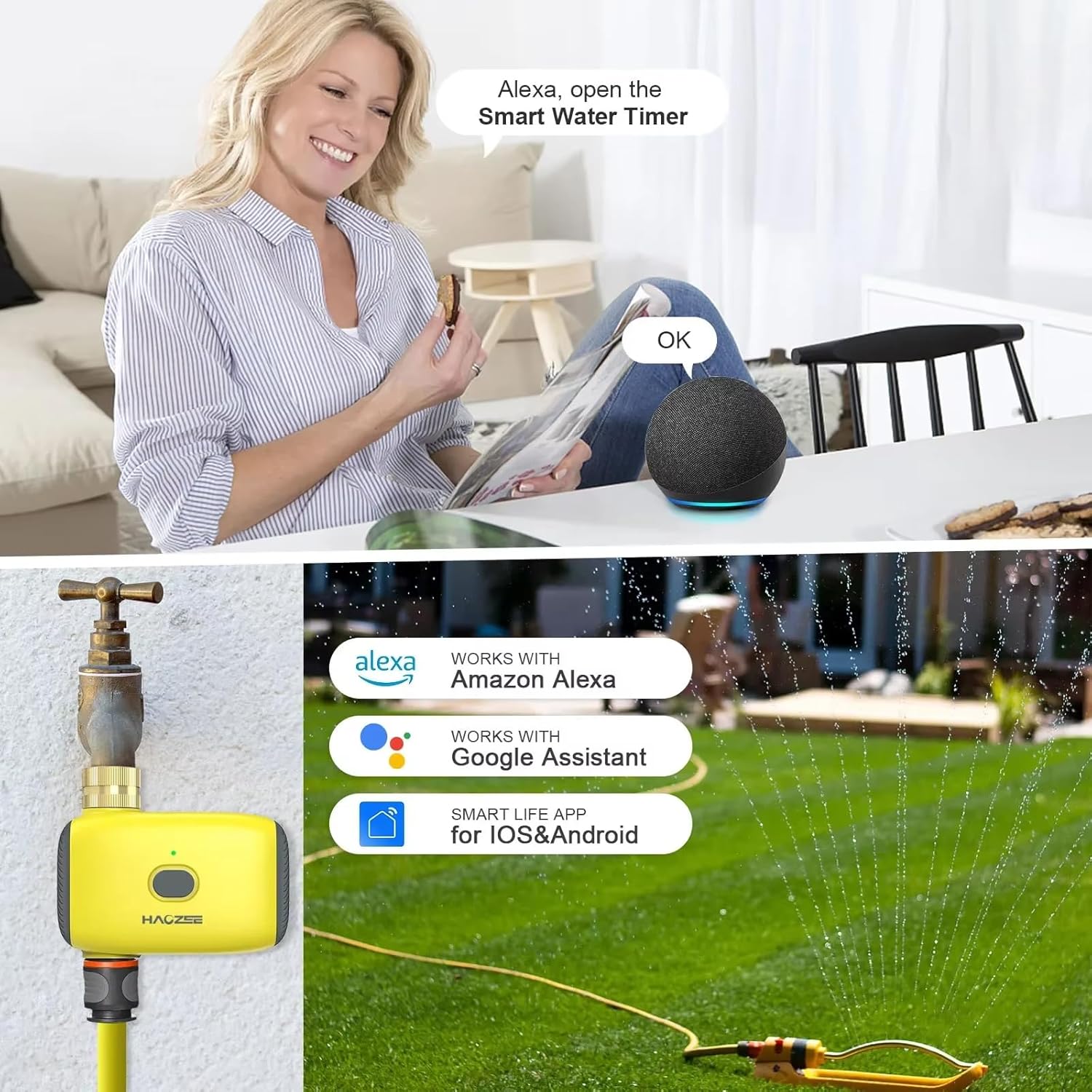 Haozee Smart Water Timer for Garden Hose, Sprinkler Timer for Watering,Requires Zigbee 3.0 Hub,Support Home Assistant Zigbee2mqtt,Automatic Irrigation Controller System for Lawns and Yard.