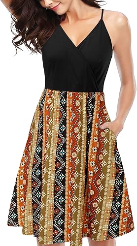 II ININ vestido de verano con cuello en V, para mujer, estilo informal, de tubo, floralliso, con tirantes delgados, vuelos y bolsillos