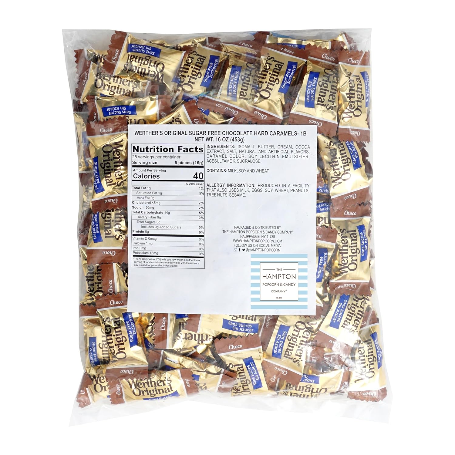 Werthers Sugar Free Hard Candy Chocolate Caramels, 1 Pound Bulk Bag, Individually Wrapped Sugar Free Werthers Candy, The Hampton Popcorn & Candy Company