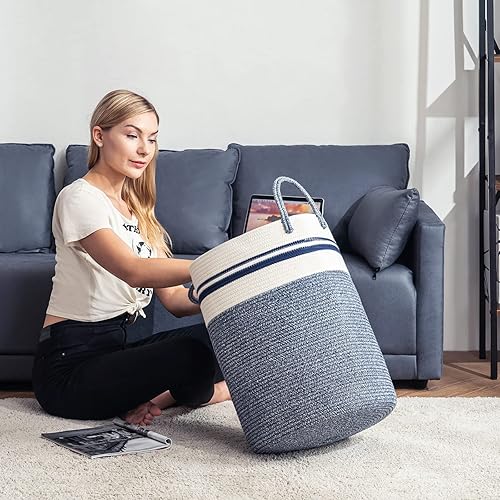 Miniatura 2 de YOUDENOVA Cesta de lavandería de cuerda tejida, cesta de Luandry de 58 L de alto, cesta de guardería para almacenamiento de mantas, cesta de ropa