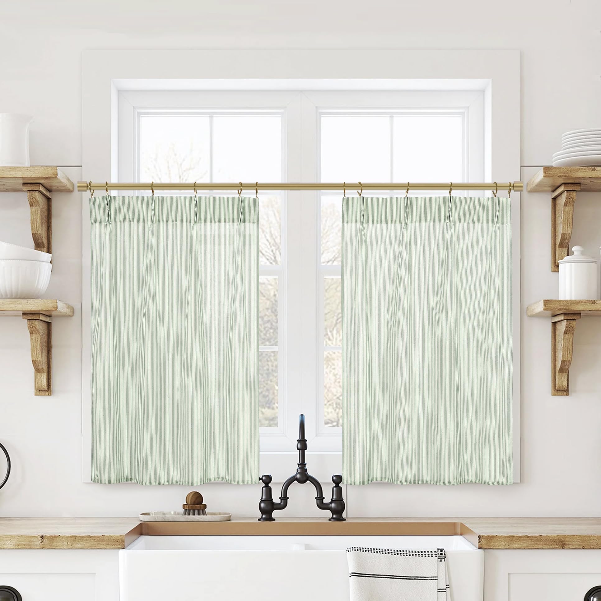 Lino Rosa Sage Green Kitchen Curtains,Boho Farmhouse Vintage Striped Patterned Printed Cottage Core Curtains for Bathroom Windows 36 Inch Length