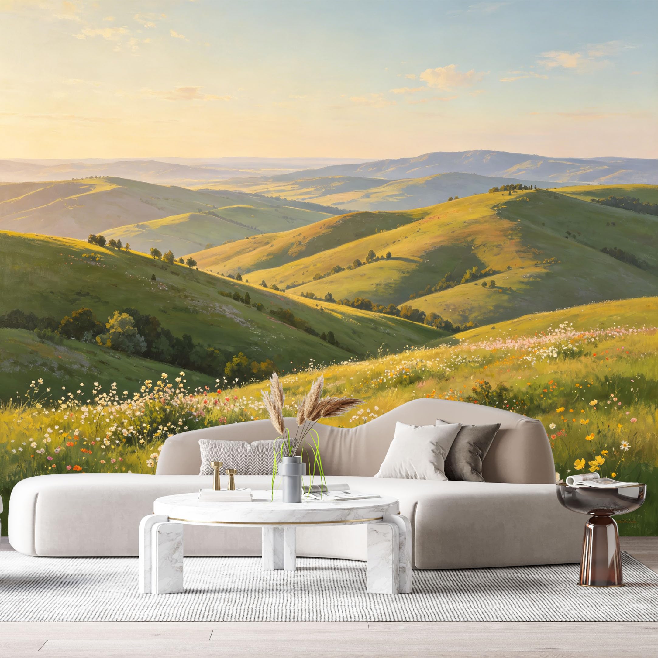 Custom Size Wall Murals Spring Meadow Landscape Oil Painting Rolling Hills Wildflowers Sunset View SelfAdhesive Wall Fabric Removable Large Wallpaper for Photo Living Room