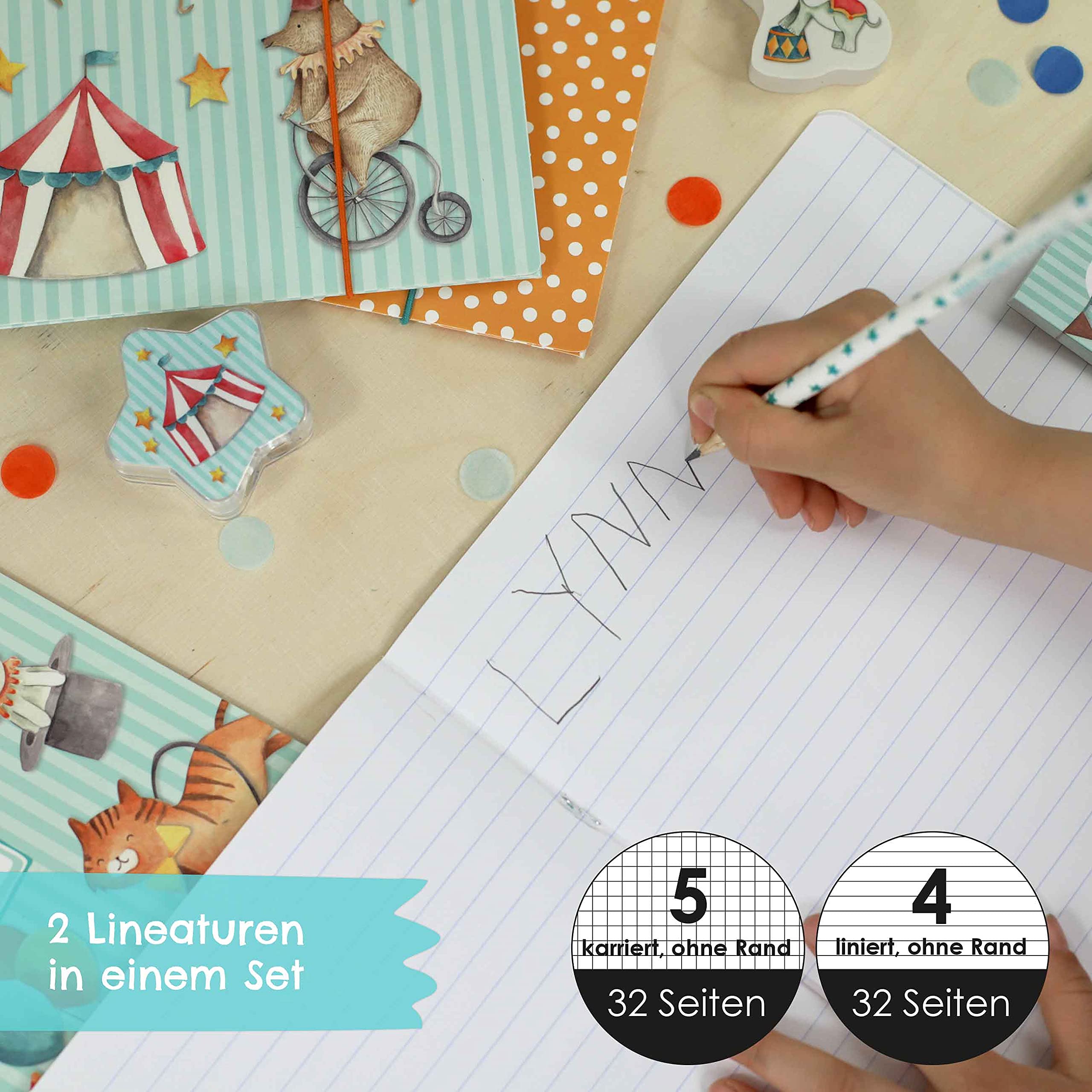 4 quaderni DIN A5 a righe e quadretti 32 pagine per bambini circo scuola elementari