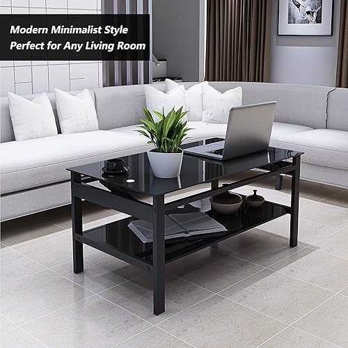 Miniatura 3 de Mesa de centro de cristal negro para sala de estar, mesa de cóctel Mordern de 2 capas con almacenamiento rectangular de vidrio templado, patas de