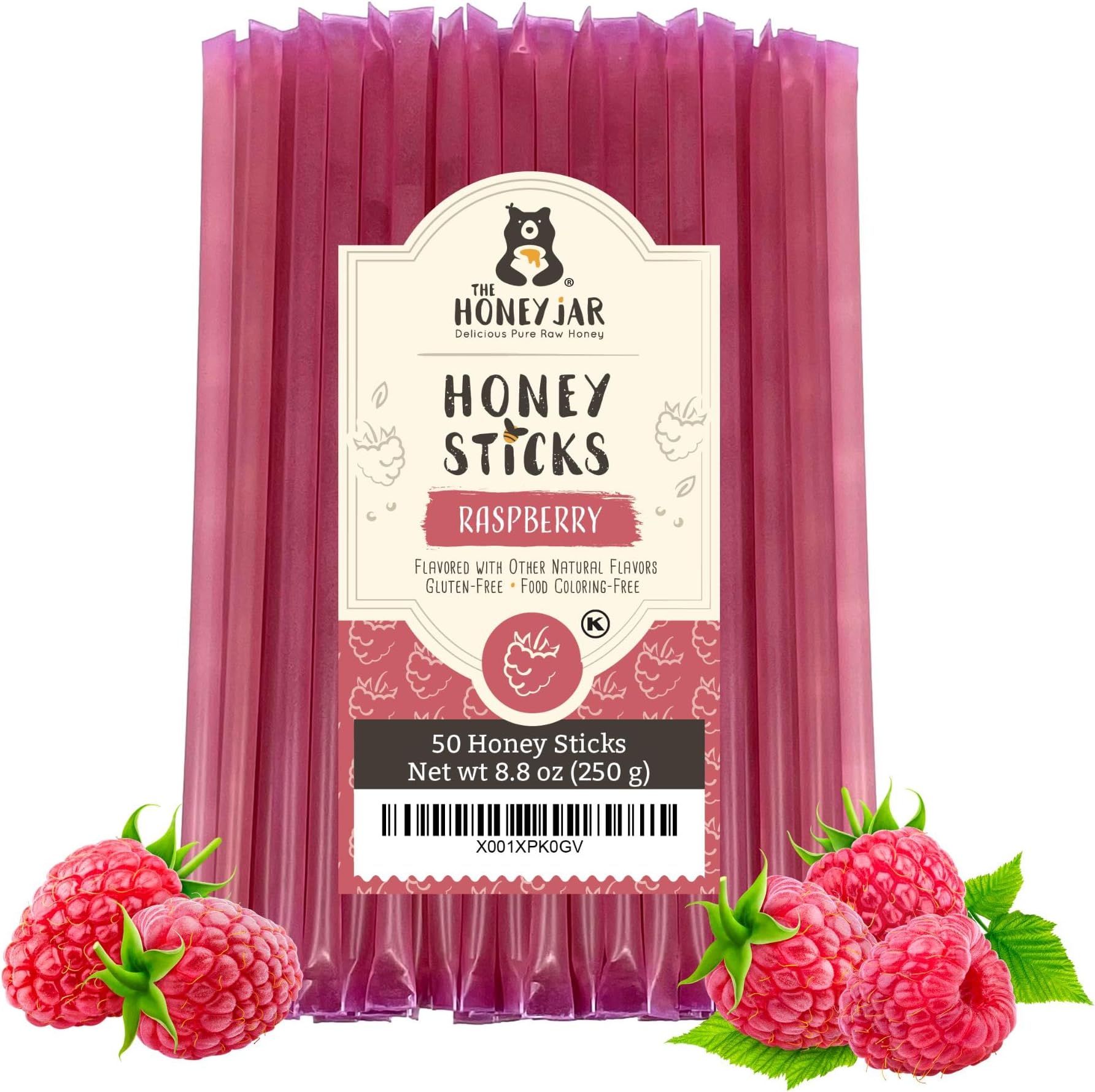 The Honey Jar Raspberry Flavored Honey Sticks - Pure Honey Straws For Tea, Coffee, or a Healthy Treat - One Teaspoon of Flavored Honey Per Stick - Made In The USA with Real Honey - (50 Count)
