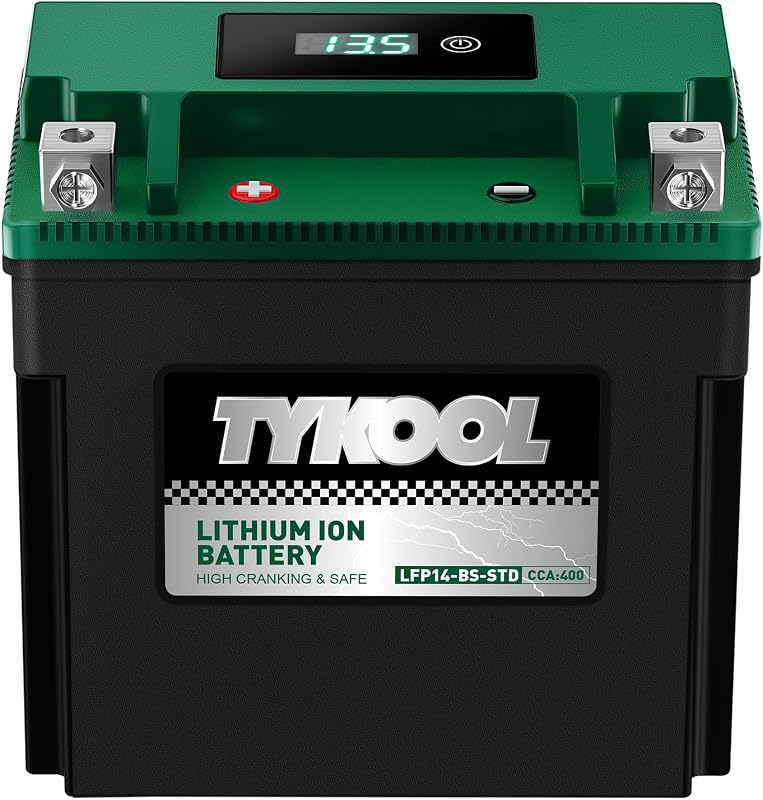 TYKOOL LFP14-BS-STD Lithium Battery, Replaces YTX14-BS, 400CCA 8Ah Fits for ATV UTV Motorcycle Scooter, Compatible with Honda Rancher 420 Foreman 500 Kawasaki Brute Force 750, Digital Readout [+ -]