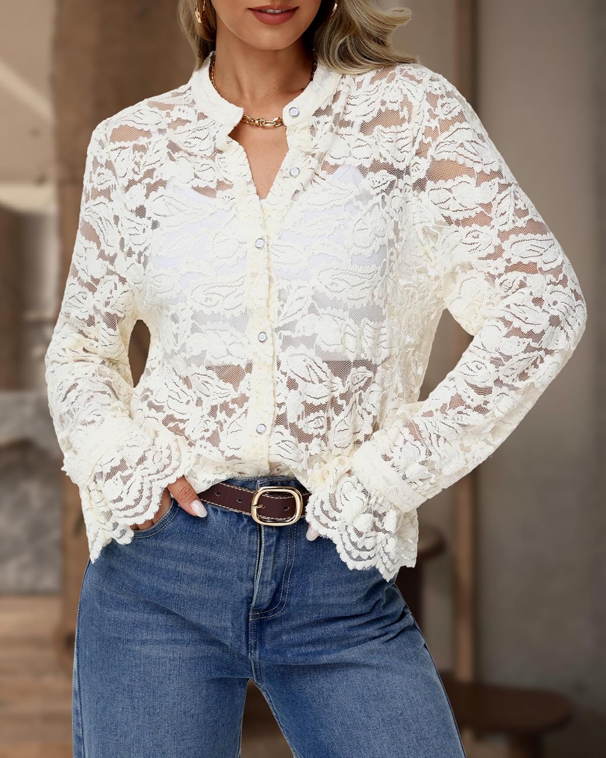 Long Sleeve Lace Blouse for Women Dressy Button Down Shirt Crew Neck Eyelet Top Elegant Casual Work Wear - Image 4