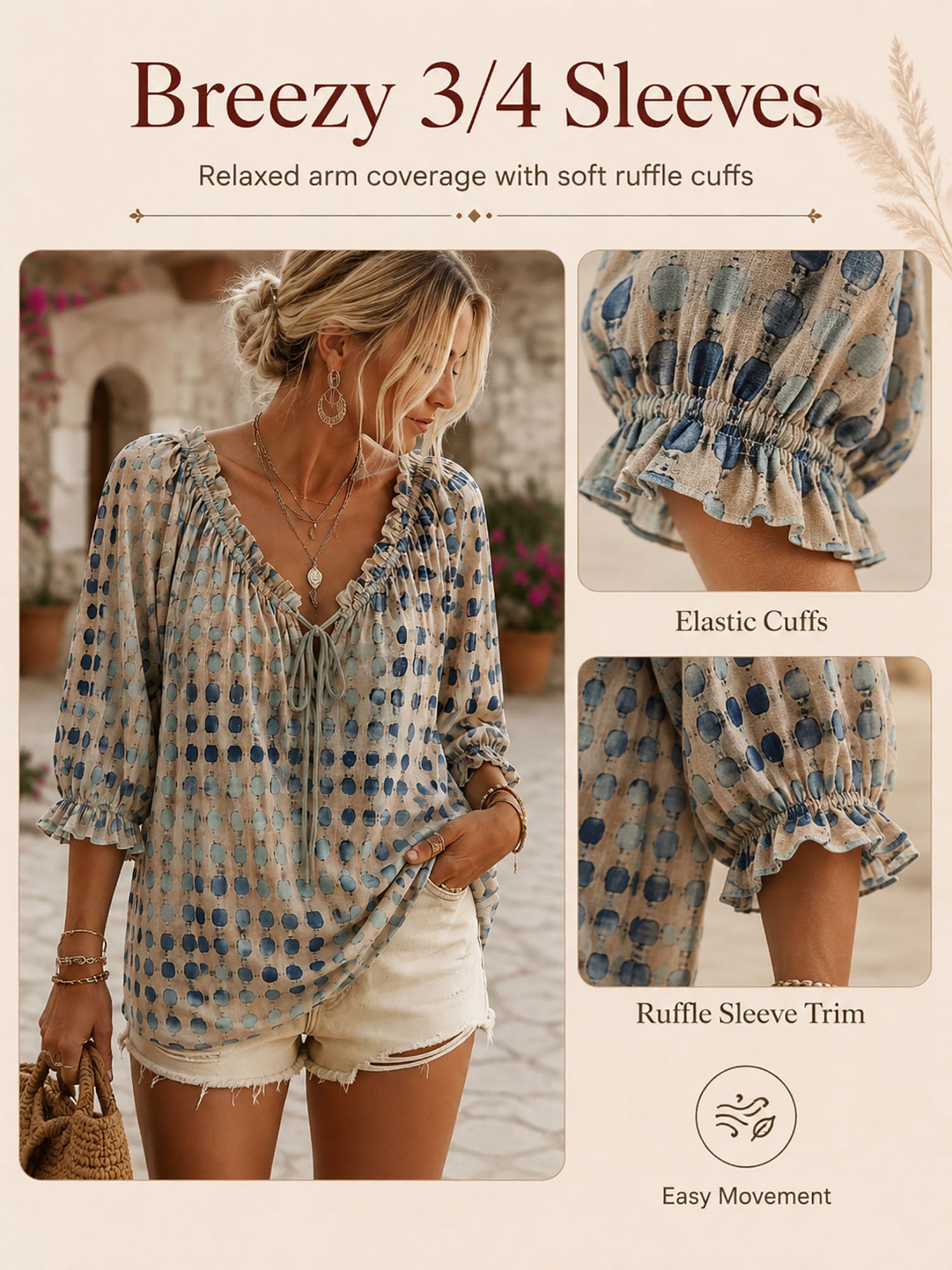 Polka Dot Lace Up Blouse for Women, V Neck Ruffle 3/4 Sleeve Summer Casual Loose Flowy Boho Tops