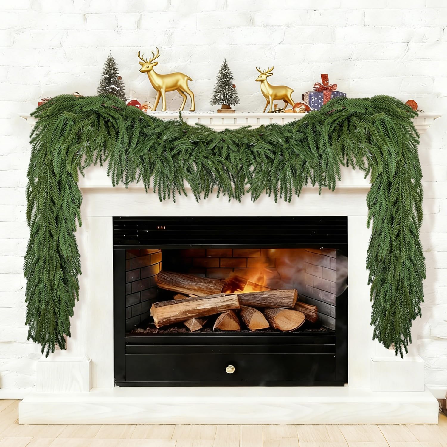 Extra Full 9FT Christmas Garland with 120 Branches, Realistic Norfolk Pine Garland Soft and Bendable Real Touch Garland Christmas Greenery, Evergreen