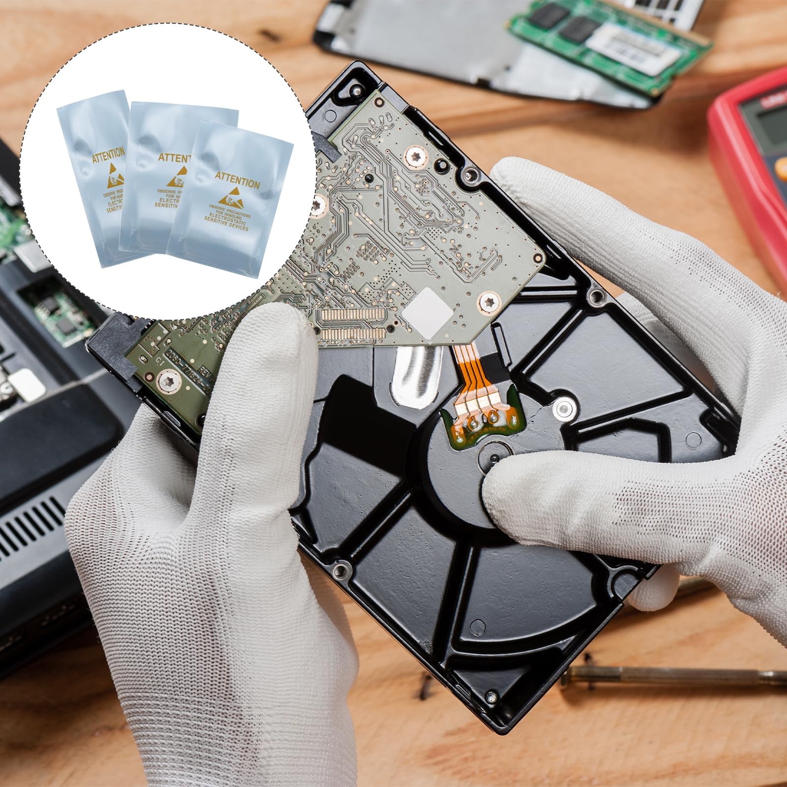 QUARKZMAN 100 sztuk antystatycznych toreb 12,2" x 15,7" otwarte wysokie torby ekranujące ESD z etykietami na dysk twardy SSD urządzenia elektroniczne karty główne, szaro-srebrny