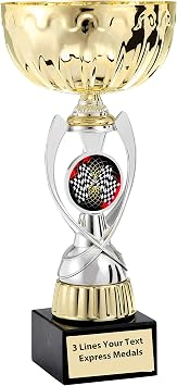 Express Medals Gold - Silver Auto Racing Checkered Flag Metal Trophy Plastic Stem Cup Marble Base and Personalized Engraved Plate