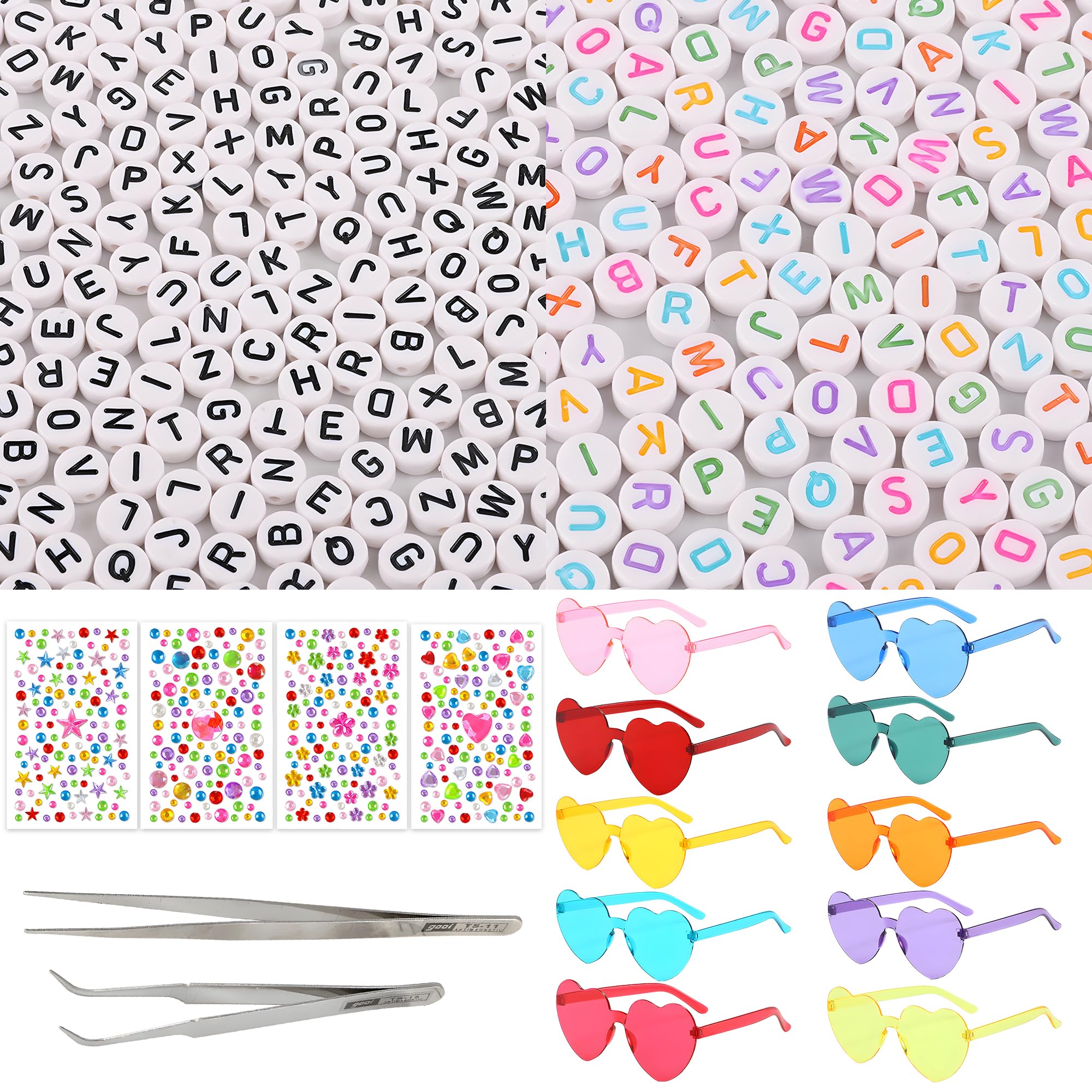 MOSNOW 10Pcs Heart Glasses DIY Craft Set - 428 Stickers + 200 Letter Beads + 2 Tweezers + 200 Adhesive Dots - Personalised Heart Sunglasses Kit for Birthday, Hen Party & Group Events