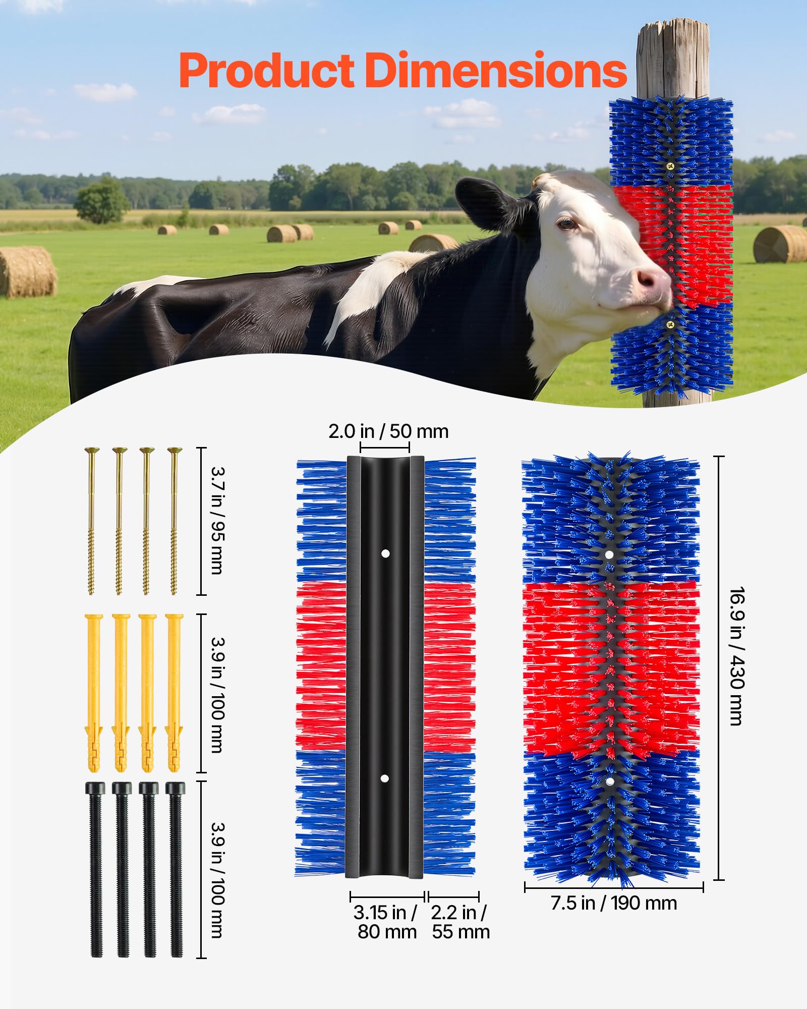 VEVOR Kratzbürste 43x19 cm, Viehbürste 2 Stk. inkl. 8 Schrauben, Rinderkratzer zur Linderung von Rückenjucken, Massage-& Pflege-Kratzwerkzeug für Pferde, Rinder, Schafe & Schweine, Blau & Rot