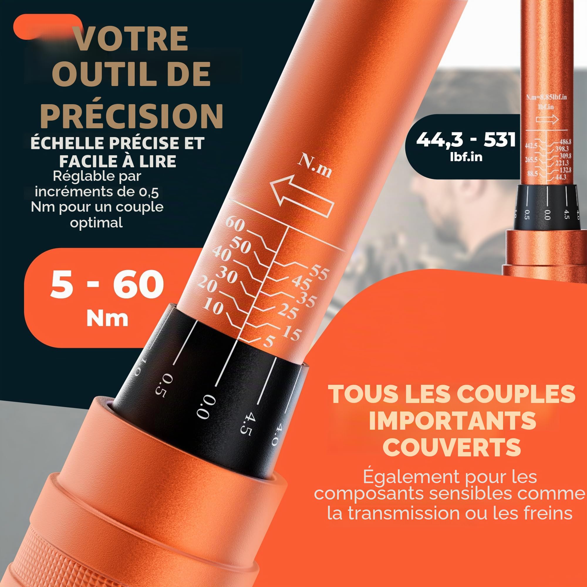 Fortura Clé dynamométrique 3/8, clé dynamométrique 5-60 Nm, clé pour bougie