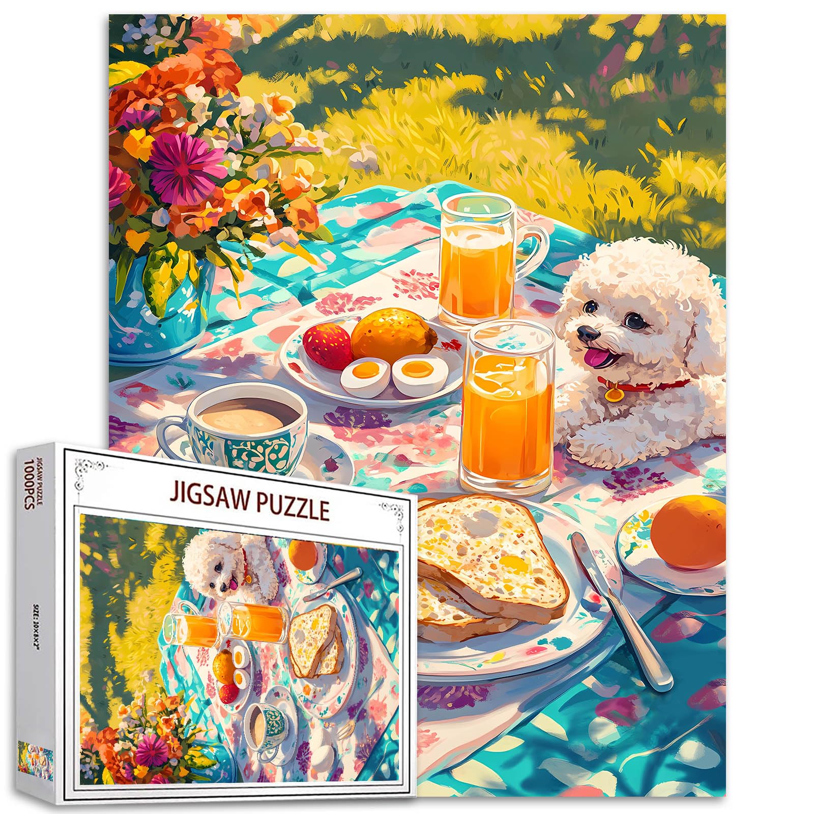 Delicious Breads Food Juice Jigsaw Puzzle 1000 Pieces for Adults,Bichon Frise Dog Flower Art Puzzles for Challenging Family Activity Games Colorful DIY Handwork Puzzle for Home Decor Gifts