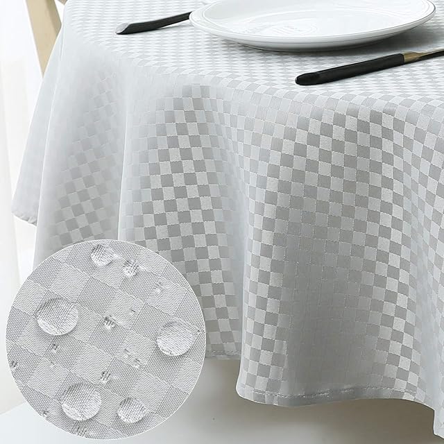 WELTRXE Round Tablecloth Water Resistant Polyester Plaid Table Cloth Dining Table Cover for Home Restaurant Party Buffet Picnic, Silver Grey, Diameter 180cm