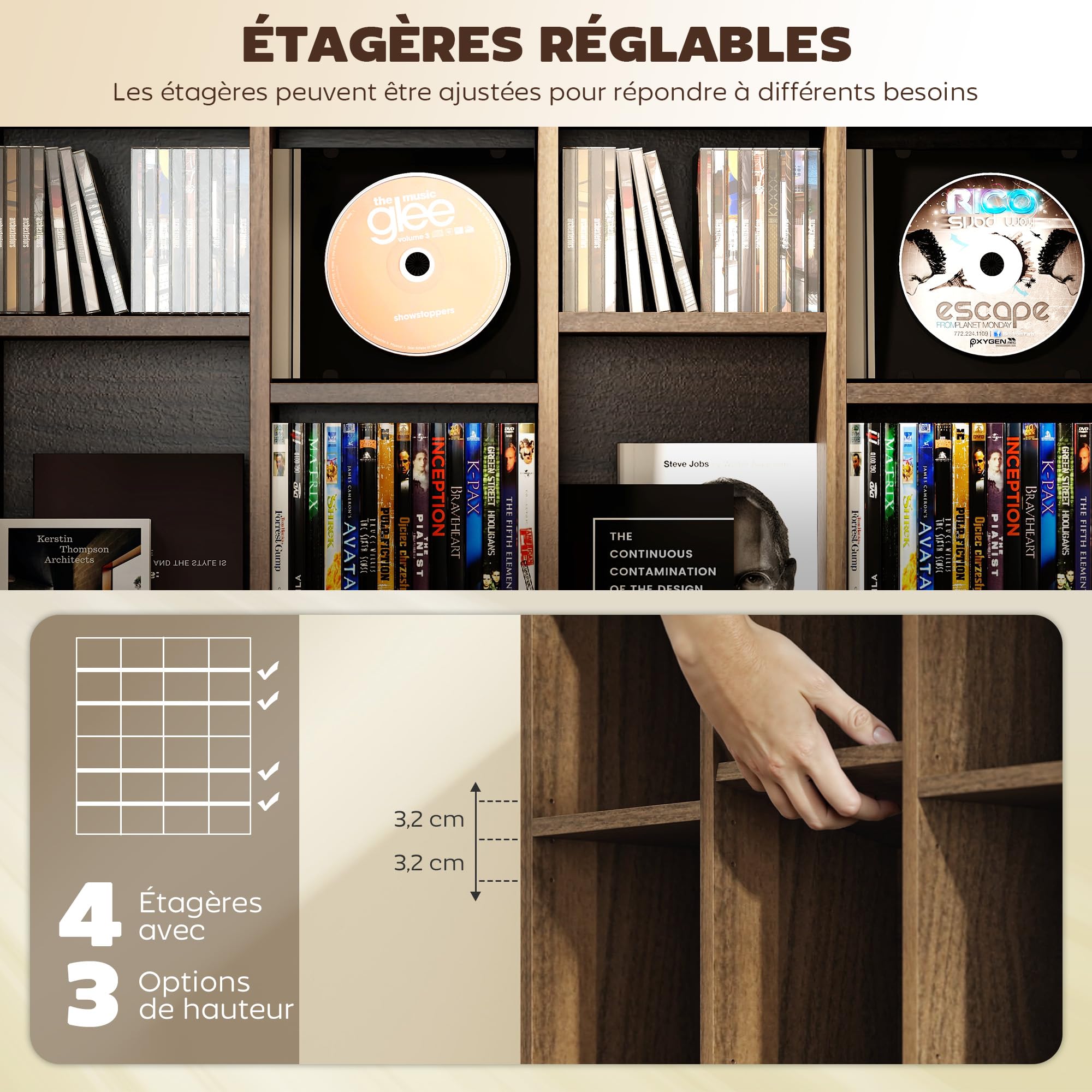 HOMCOM Contenitore per CD e DVD, scaffale di archiviazione, capacità massima 456 CD/336 DVD, 24 scomparti e ripiani regolabili, per ufficio, soggiorno, camera da letto, 89 x 20 x 130,5 cm, marrone