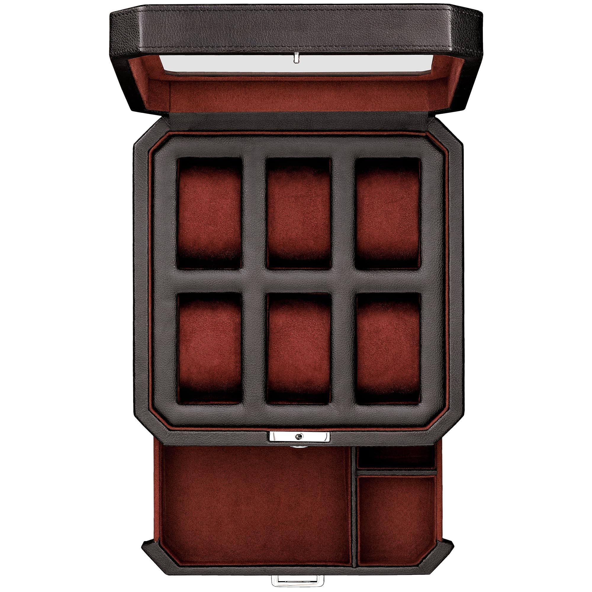 ROTHWELL 6 Slot Leather Watch Box with Valet Drawer - Luxury Watch Case Display Organizer, Microsuede Liner, Locking Mens Jewelry Watches Holder, Men's Storage Boxes Holder Large Glass Top (Black/Red)